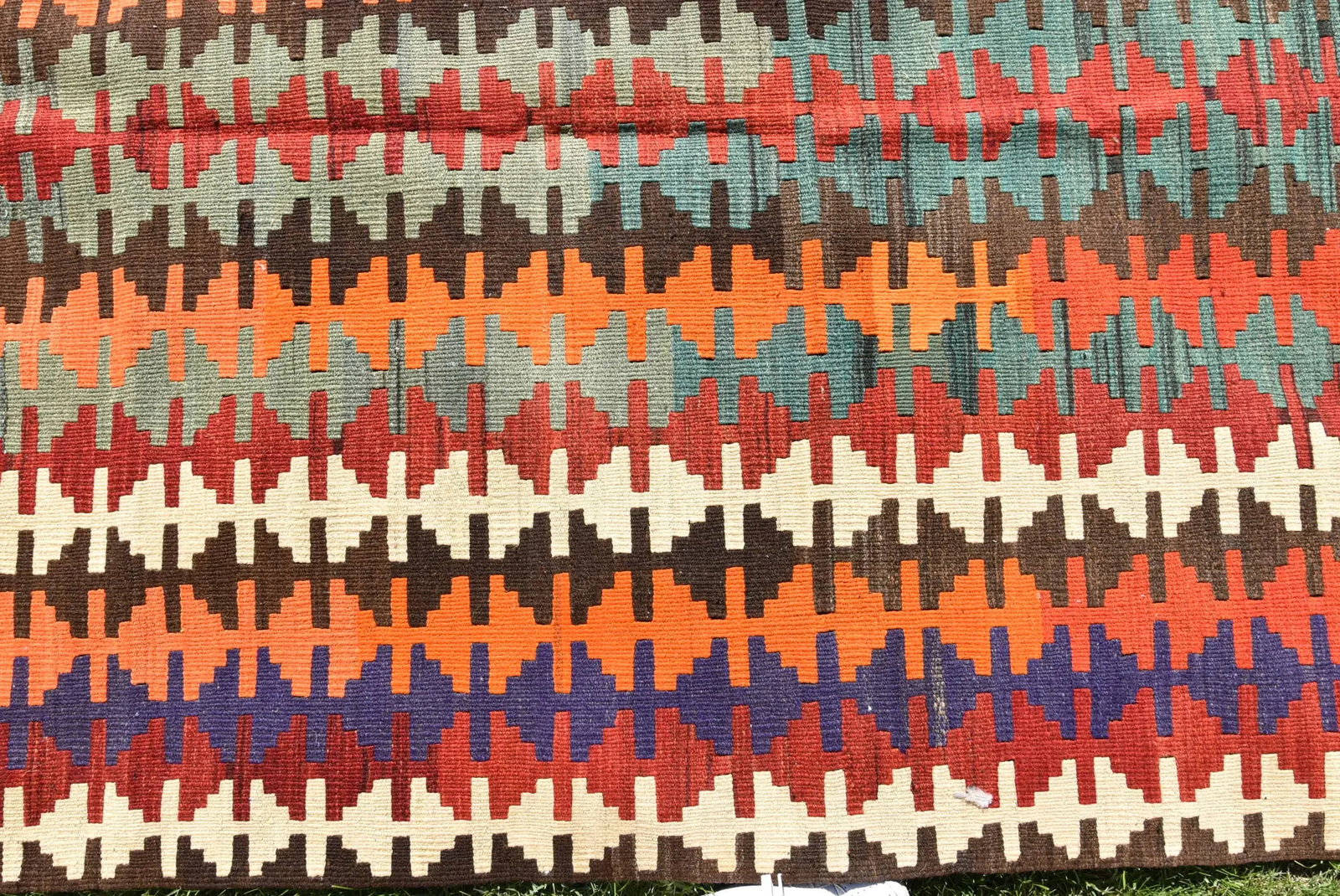 1950s Turkish Flamestic Design Colorful Oushak Kilim Rug - 6