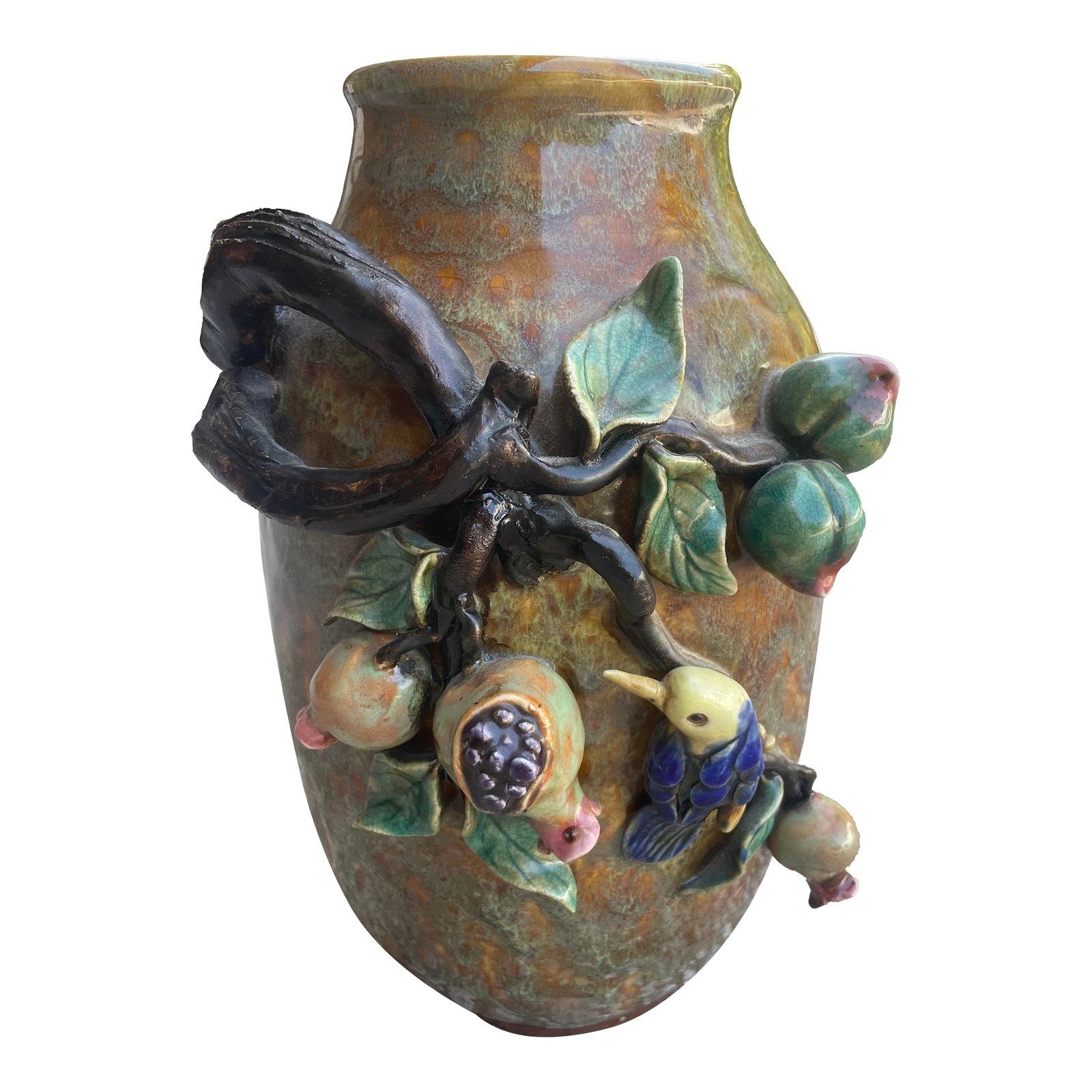 Large Late 19th Century Majolica Style Asian Pottery Vase: Large vintage majolica vase from China featuring a beautifully intricate design of birds and fruit. This is a truly unique piece of antique Asian art, perfect for anyone who appreciates the beauty of