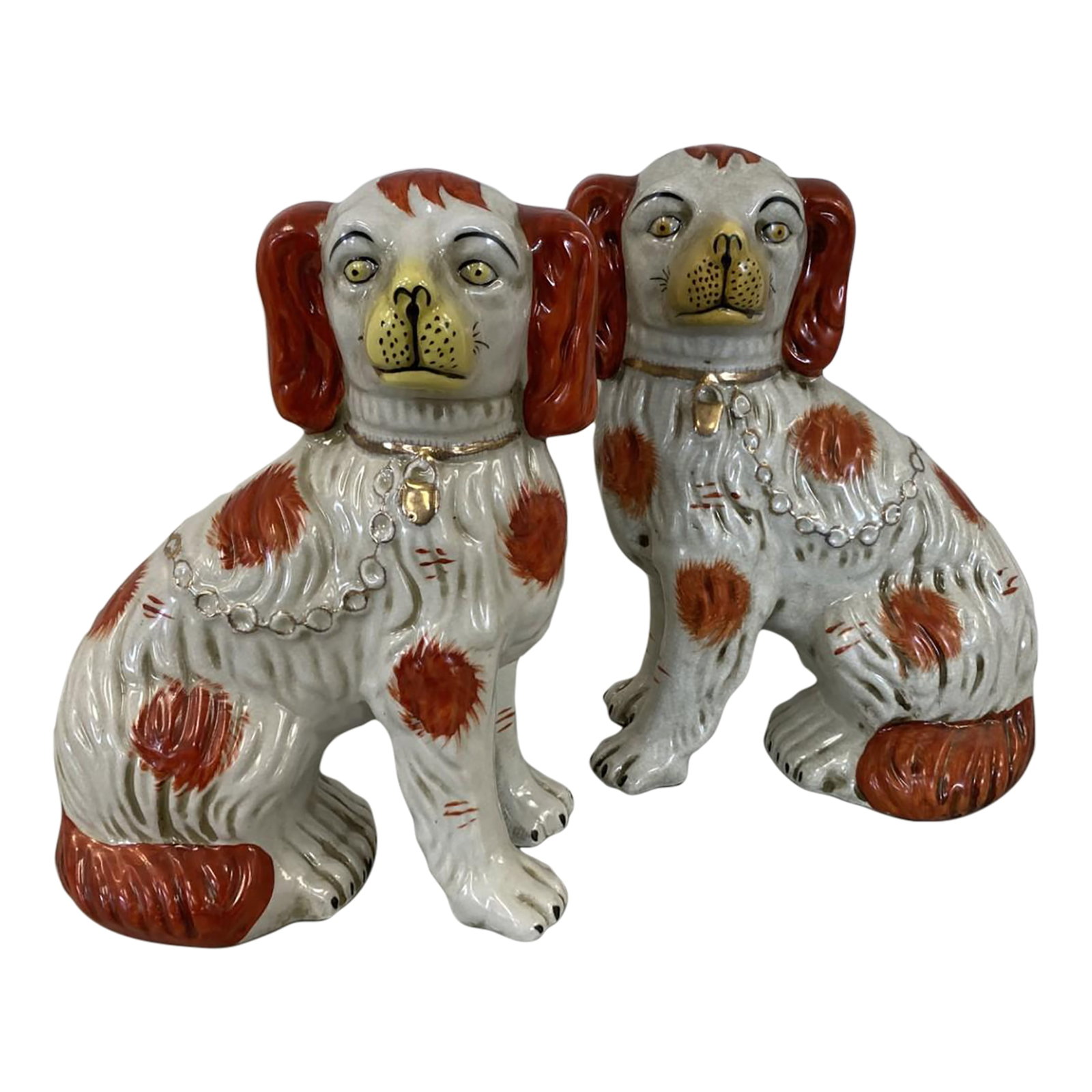 Pair of Late 19th Century Gray Staffordshire Terrier Figurines: This pair of Staffordshire Terriers is the only pair I've seen in gray. Beautifully detailed with gold chain, locking collar, textured "fur" and fully formed front legs/paws. Condition: Alterations: O