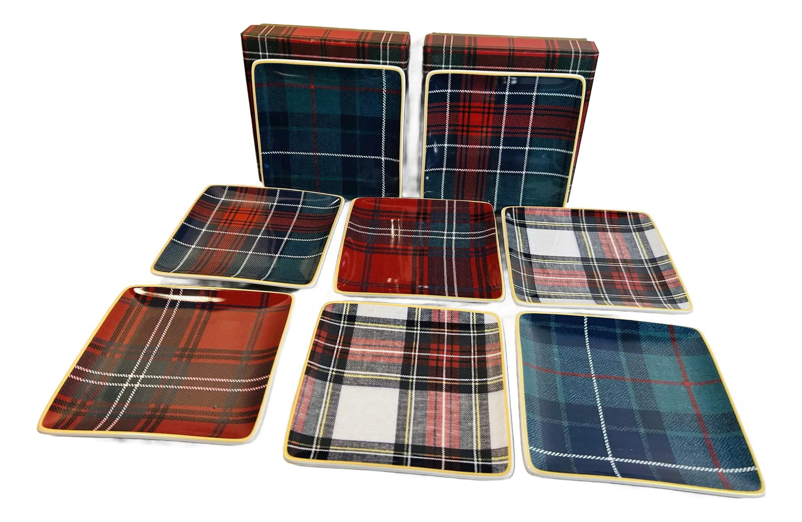 Williams & Sonoma Gold Banded Tartan Square Appetizer Plates ~ Set of 8: Set of eight (8) 5.5" square gold banded tartan appetizer / dessert plates by Williams and Sonoma. Plates are new in the box, two complete boxes are included. Condition: Imperfections: No Imperfection