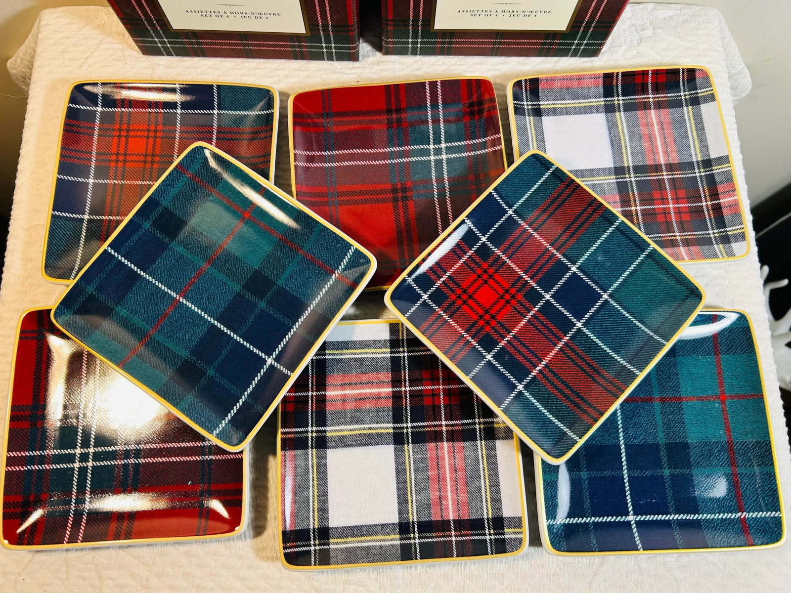 Williams & Sonoma Gold Banded Tartan Square Appetizer Plates ~ Set of 8 - 2