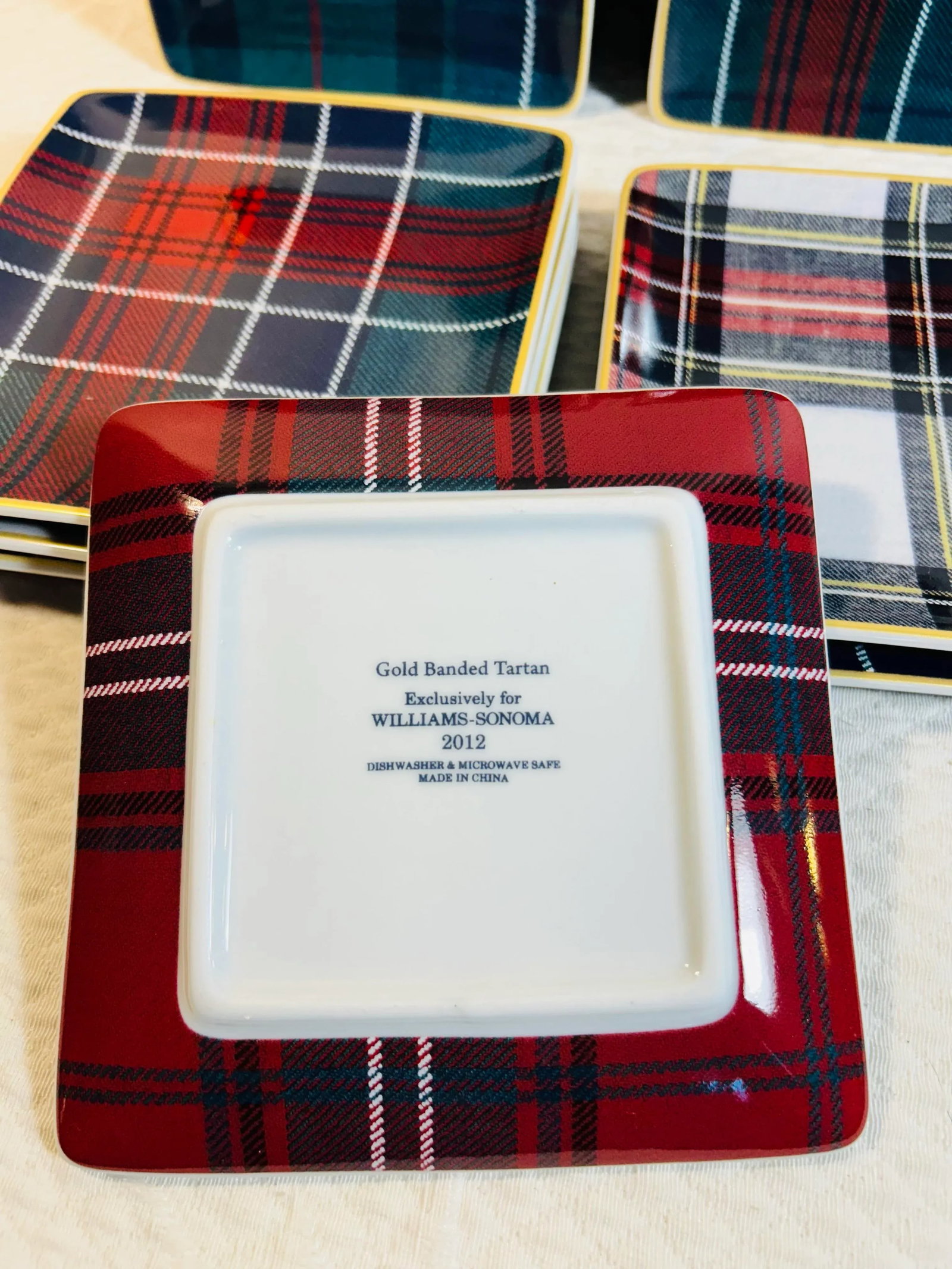 Williams & Sonoma Gold Banded Tartan Square Appetizer Plates ~ Set of 8 - 3