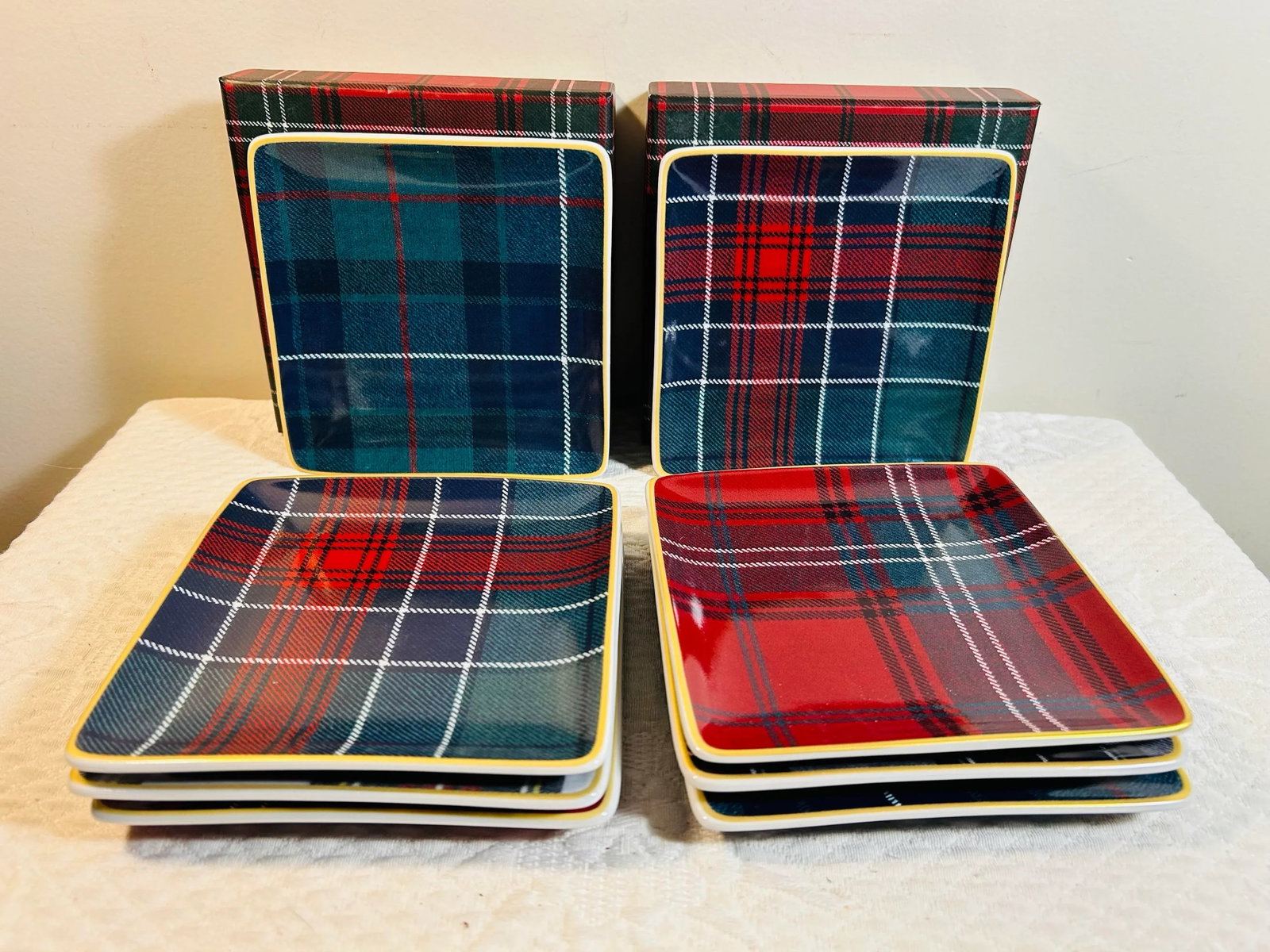 Williams & Sonoma Gold Banded Tartan Square Appetizer Plates ~ Set of 8 - 4
