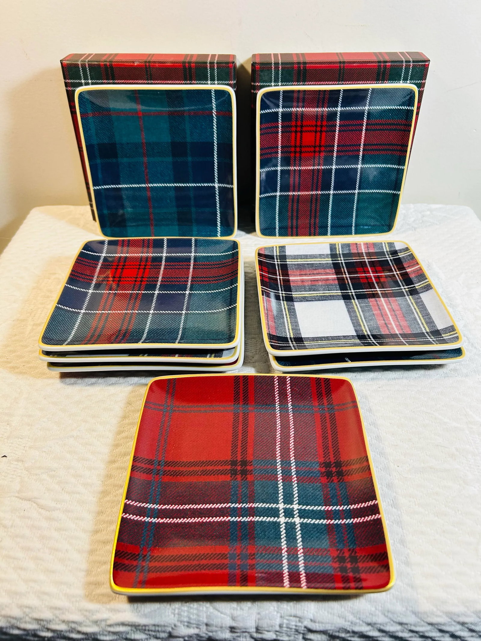 Williams & Sonoma Gold Banded Tartan Square Appetizer Plates ~ Set of 8 - 5