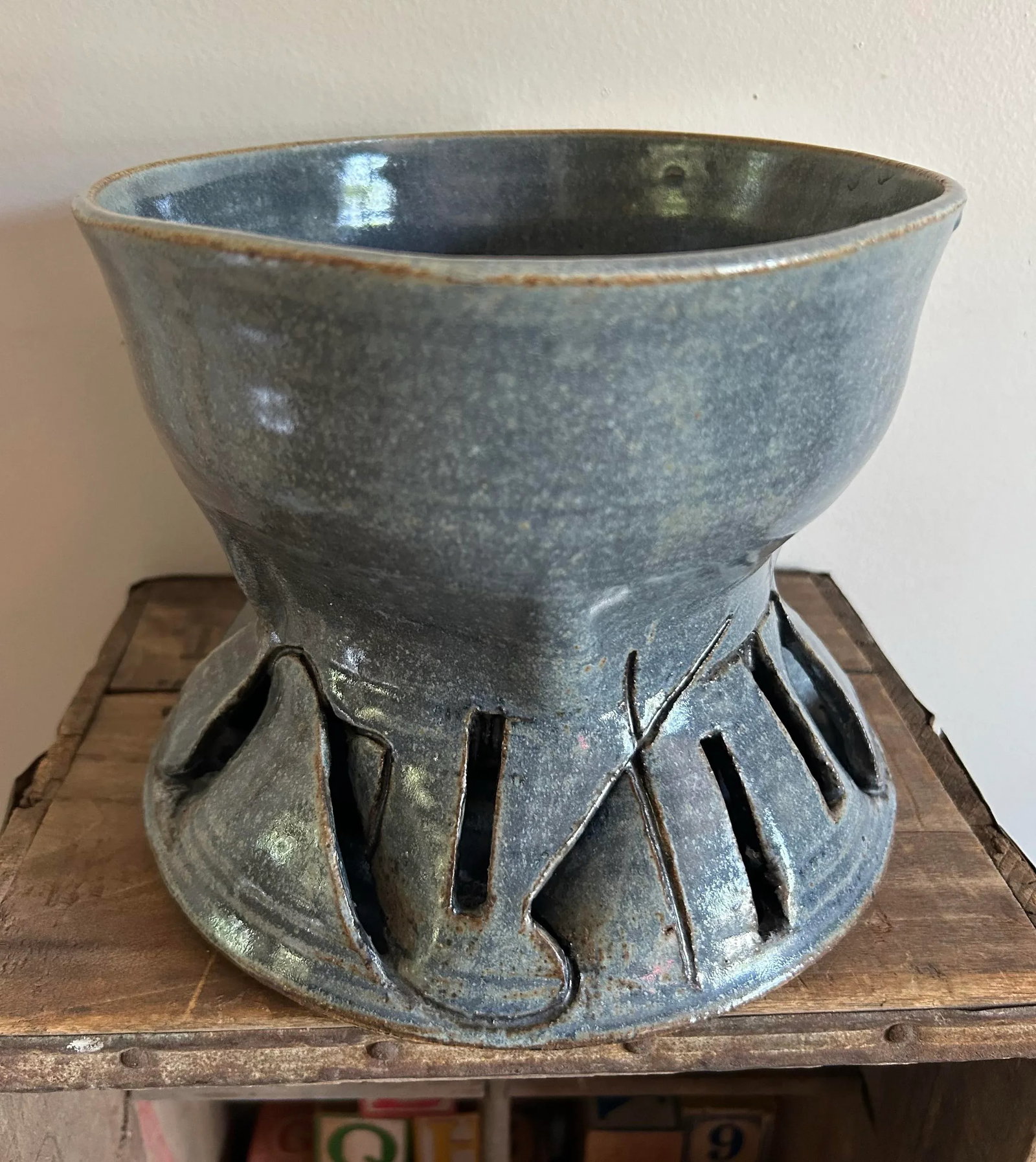 1970's Modernist Glazed Pottery Planter Slate Blue ~ Artisan Made - 2