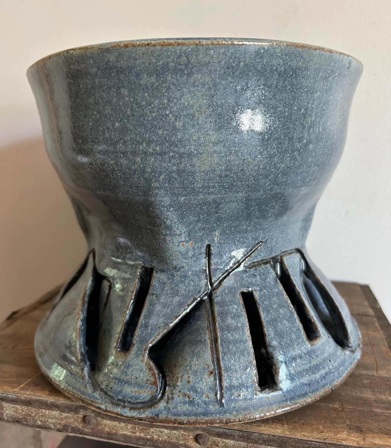 1970's Modernist Glazed Pottery Planter Slate Blue ~ Artisan Made - 5