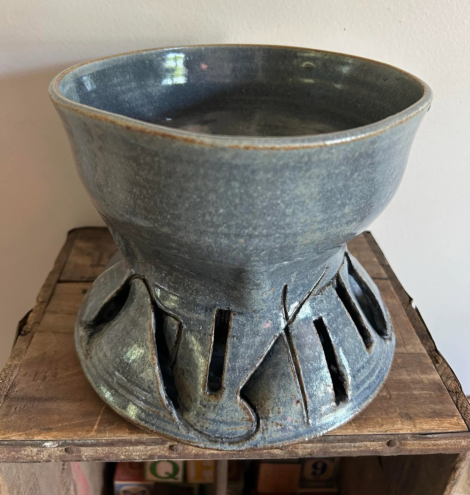 1970's Modernist Glazed Pottery Planter Slate Blue ~ Artisan Made - 6