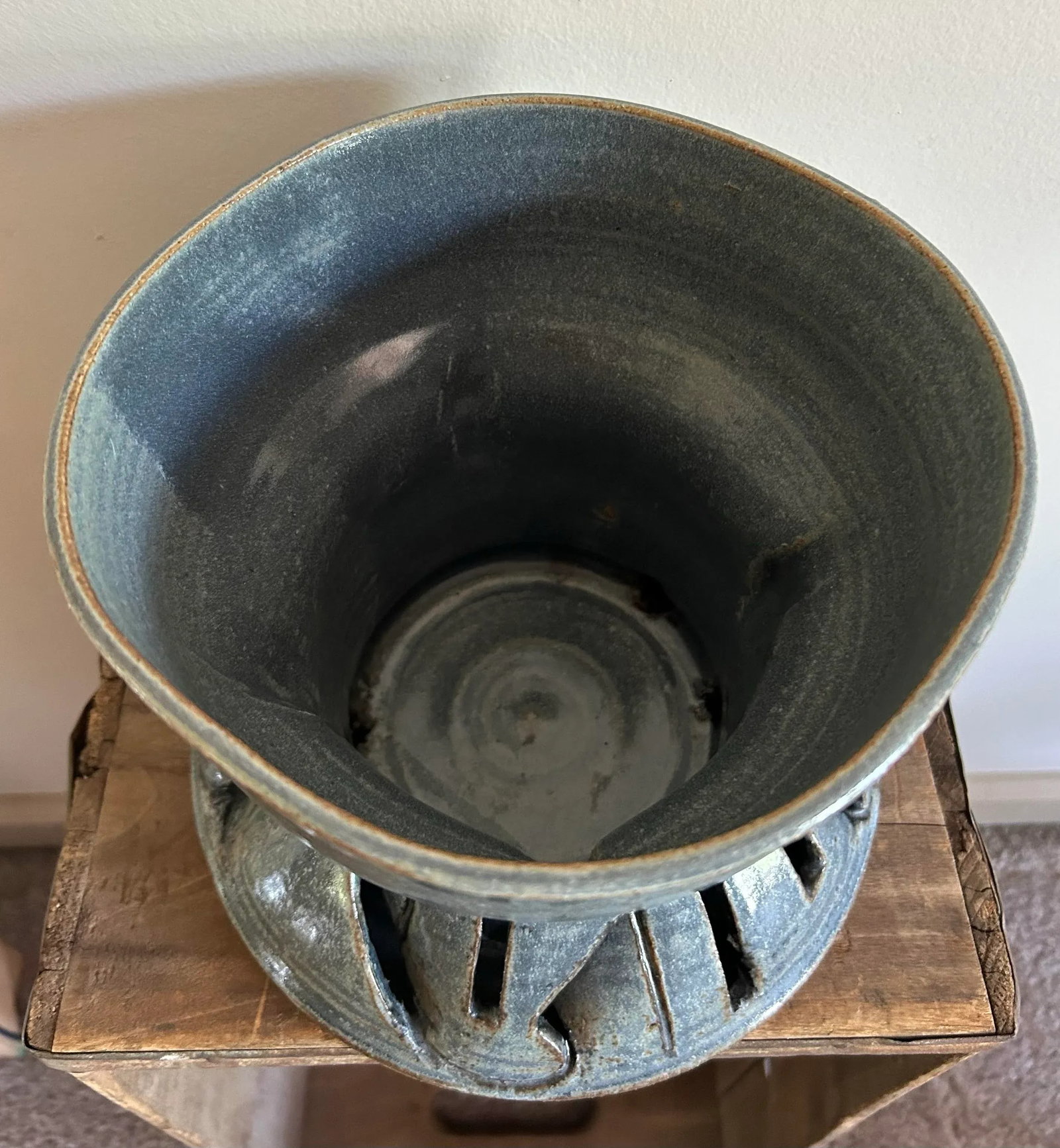1970's Modernist Glazed Pottery Planter Slate Blue ~ Artisan Made - 7