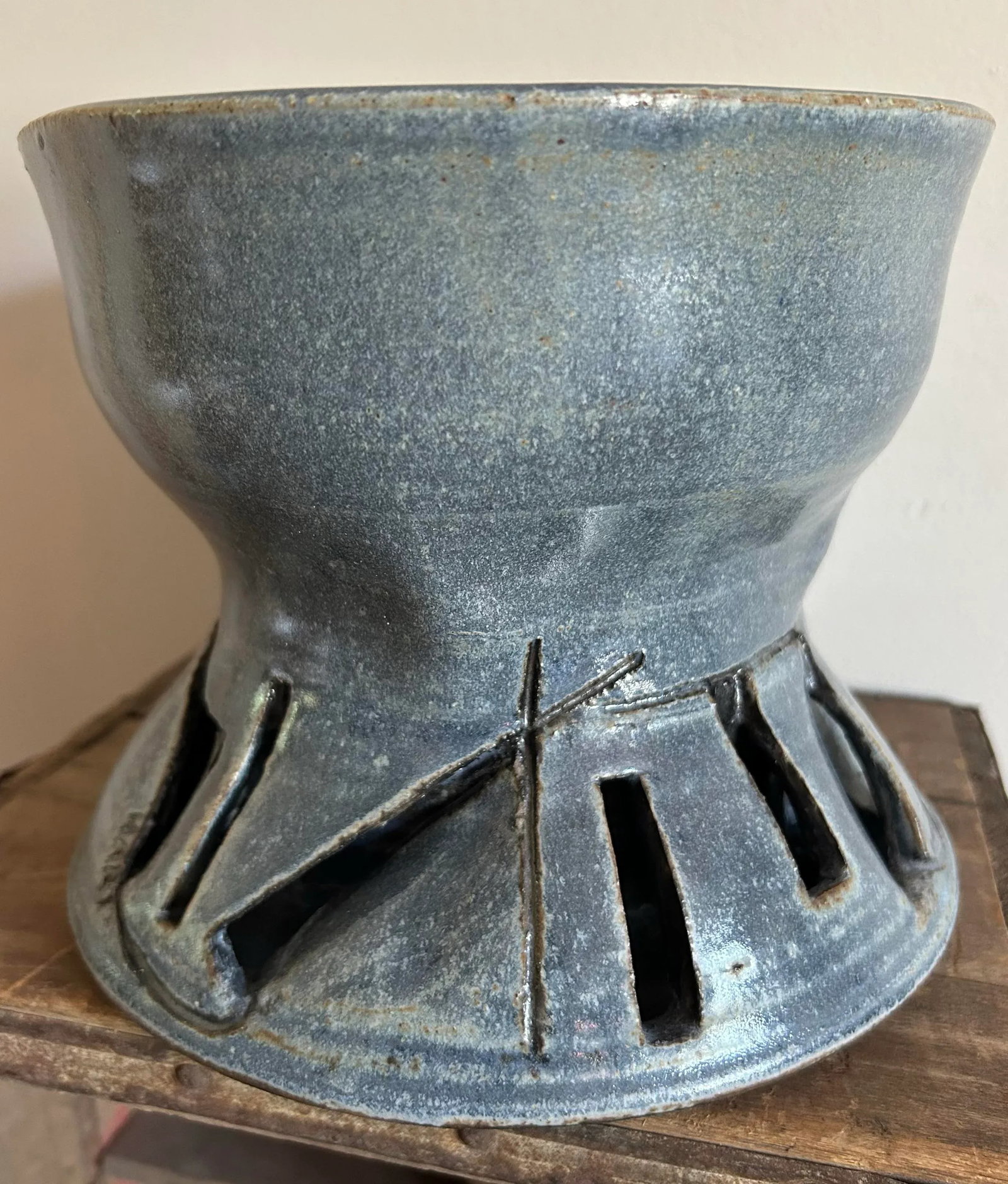 1970's Modernist Glazed Pottery Planter Slate Blue ~ Artisan Made - 8