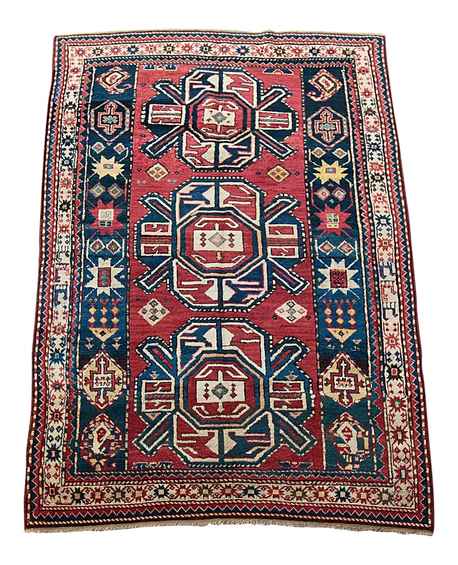 Antique Karabagh Kazak Caucasian Rug: This is beautiful example of Karabagh rug from late 19th C. It has three medallions so because of the medallions, between rug dealer they call triple medallion. it has splendid vibrant colors. i love 