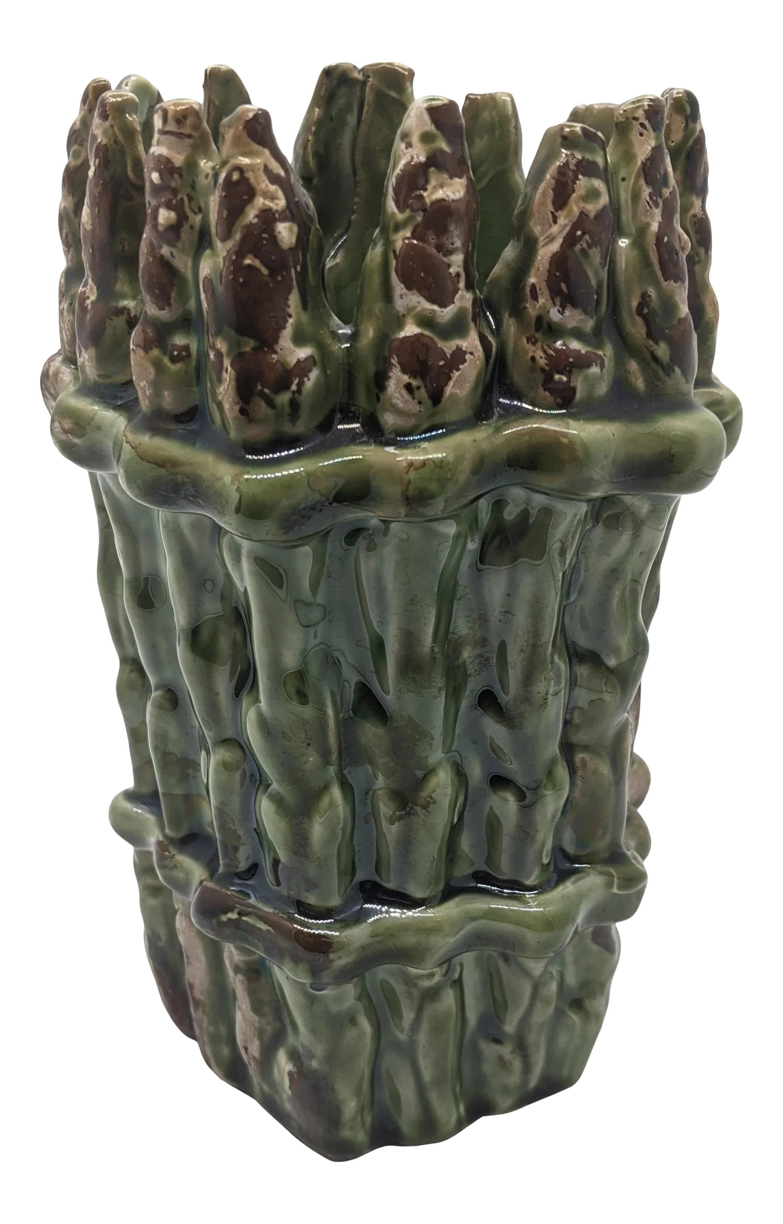 Late 20th Century Asparagus Dish Cup Utensil Holder: Great cup / vase/ urn/ catchall made to look like a bundle of asparagus! Adorable! Measures 6.5" tall, 3" across base and 3.5" across top! Condition: Alterations: Original Condition Unaltered