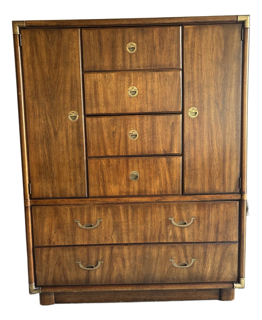 1970s Drexel Accolade Campaign Highboy Dresser: Vintage Drexel Accolade campaign highboy with a warm walnut finish, recessed brass pulls, and a tall, sturdy silhouette. Features multiple small-to-medium drawers on top, followed by larger lower draw