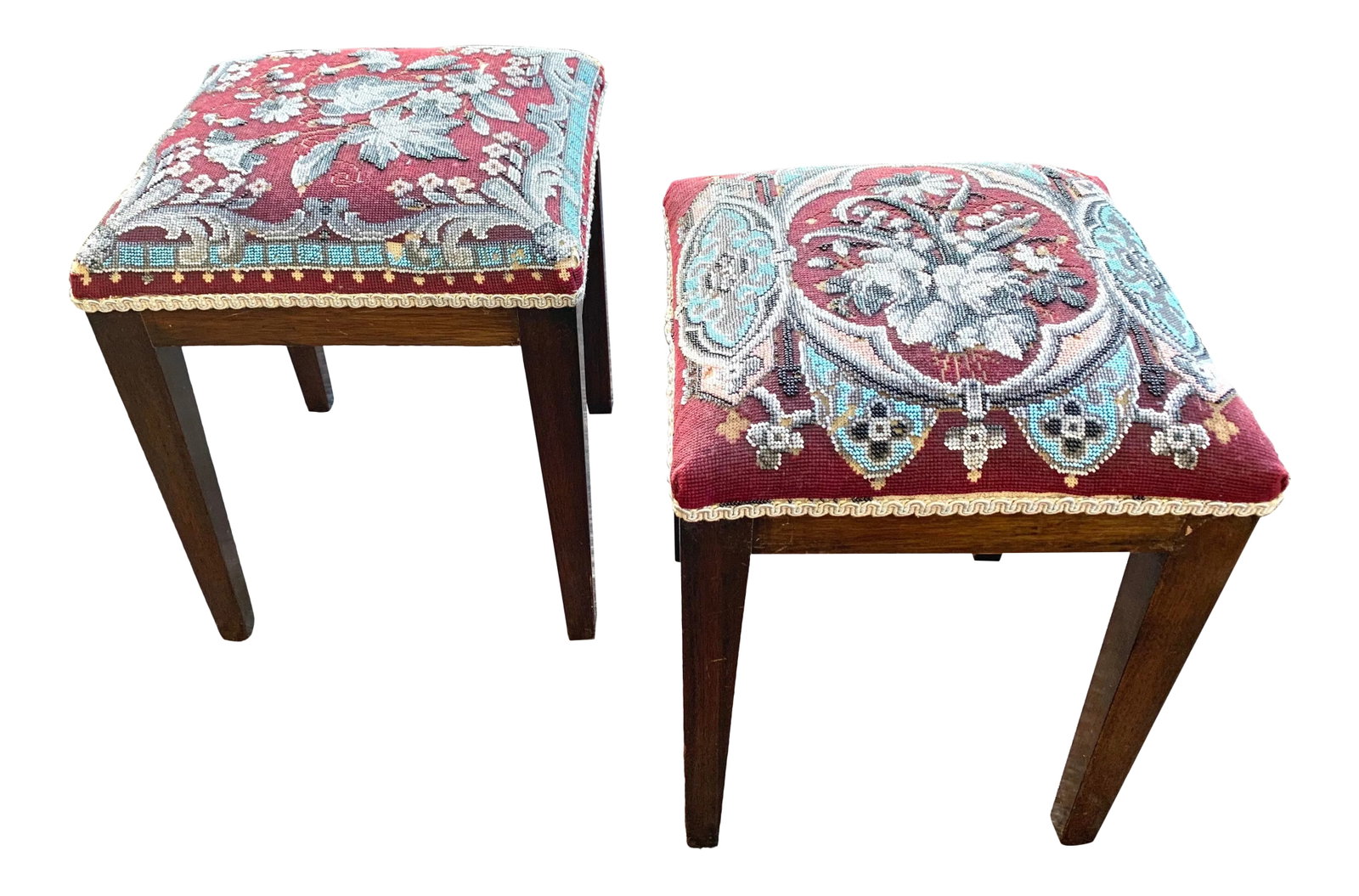 Victorian Antique Beaded Stools - a Similar Pair: Beautifully aged wood stools with a beaded upholstery seat. Striking color way including burgundy, turquoise and pink. Stools are similar but not identical. The sizes vary - height is the same. From