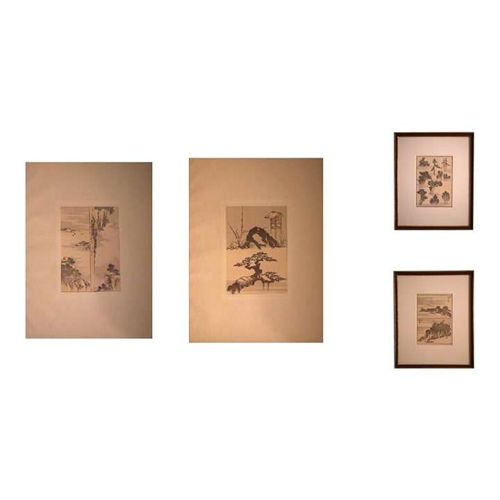 Collection of Four (4) Hokusai Manga Prints: This suite of four woodblock prints are pages from, Hokusai Manga, a multi-volume series of sketchbooks by the Japanese artist Katsushika Hokusai (1760-1849). Originally published in the early 19th