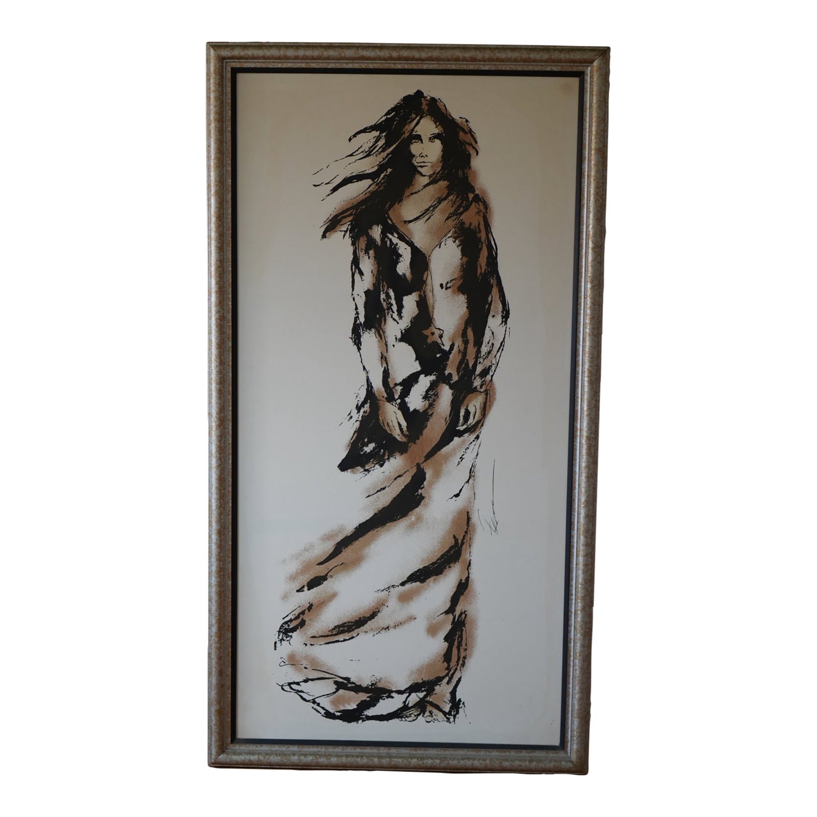 1970s Framed Serigraph Print by Mark Jacobsen 65x35 Abstract Elegant Woman Figure: Elevate your space with this stunning 65x35-inch serigraph by celebrated artist Mark Jacobsen. This captivating artwork features an abstract, elegant figure of a woman with flowing hair, rendered in
