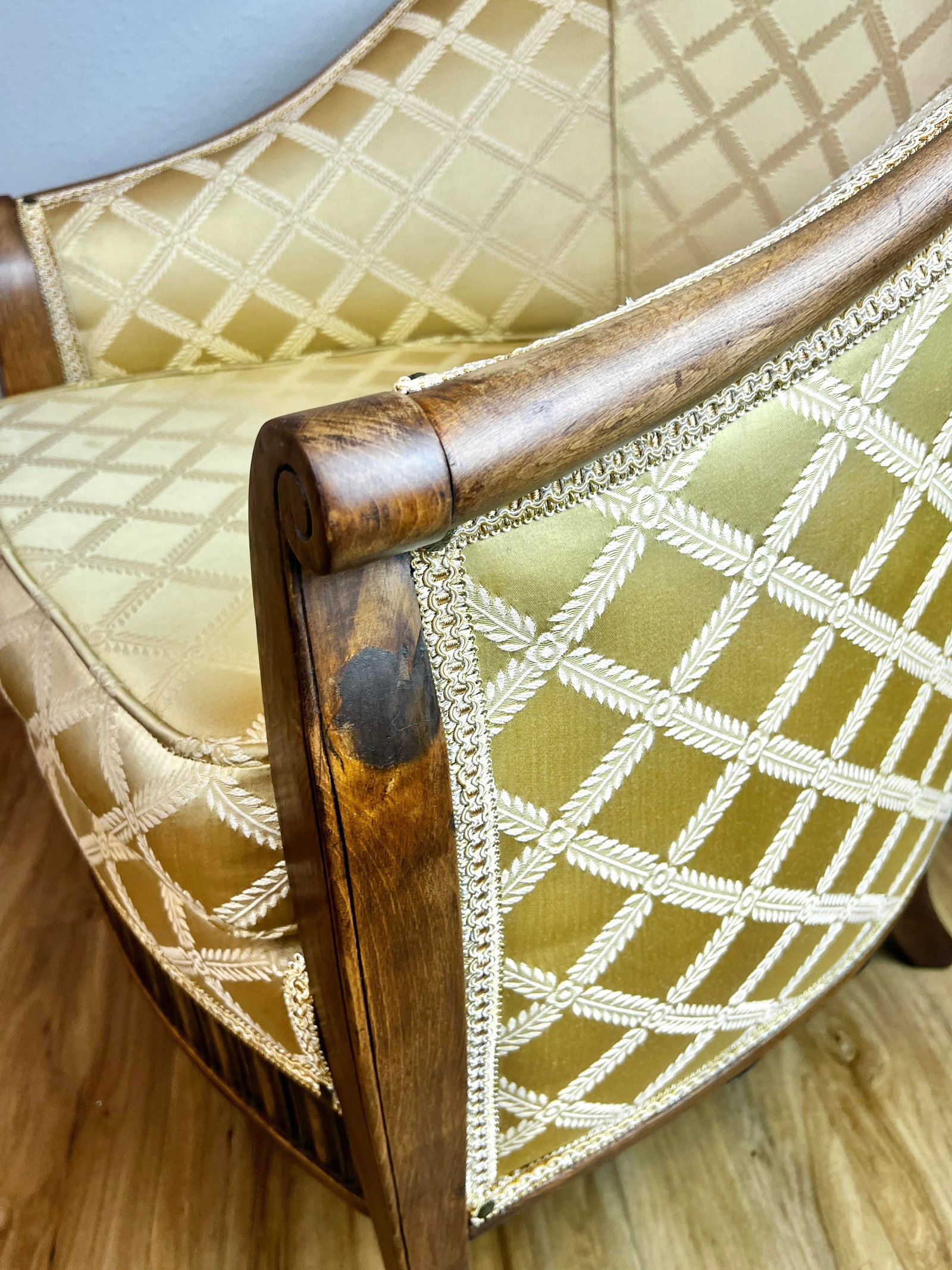 Early 20th C. French-Style Tub Chair W/ Hand-Carved Walnut Crest Rail, Yellow Damask - 11