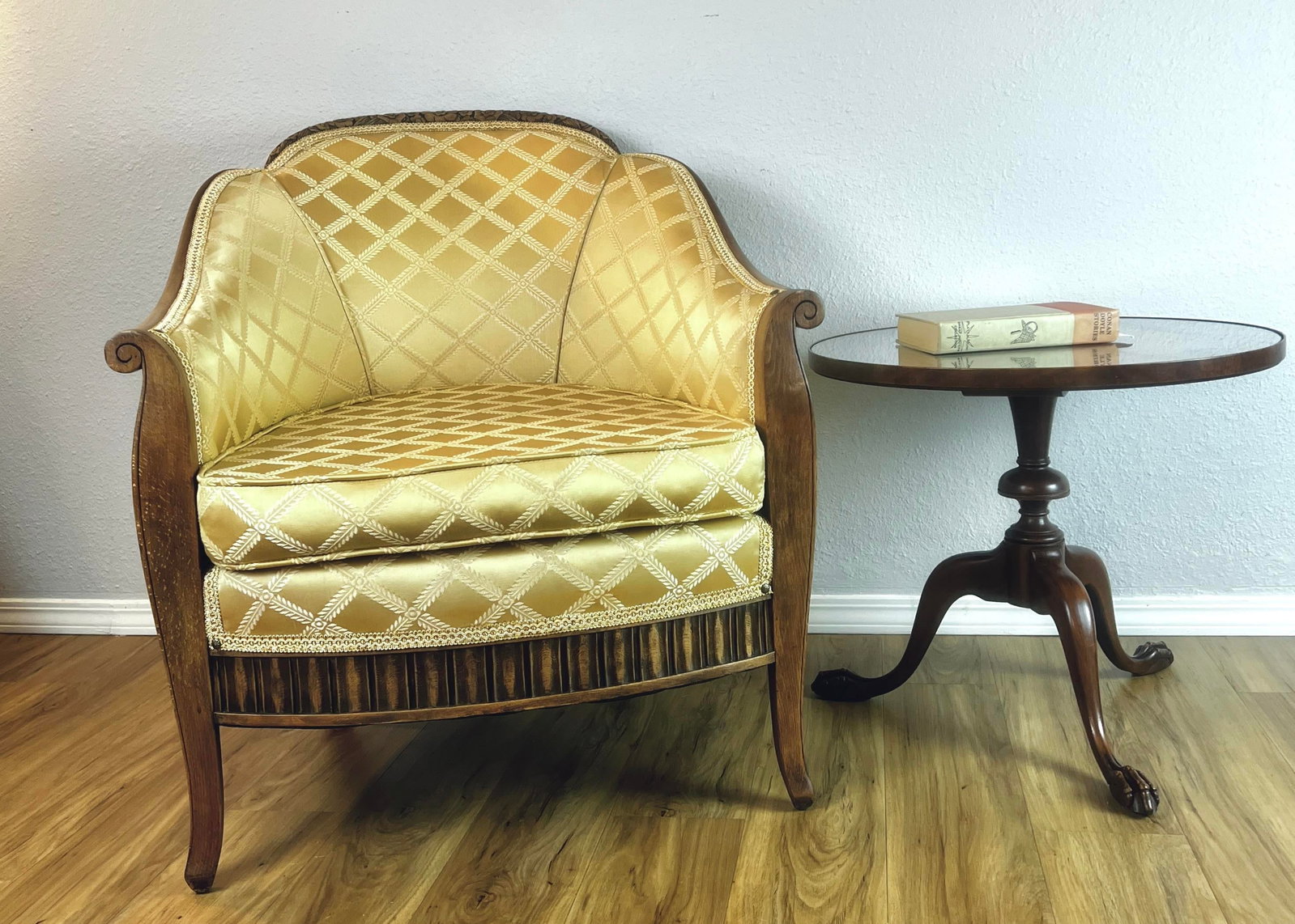 Early 20th C. French-Style Tub Chair W/ Hand-Carved Walnut Crest Rail, Yellow Damask - 12