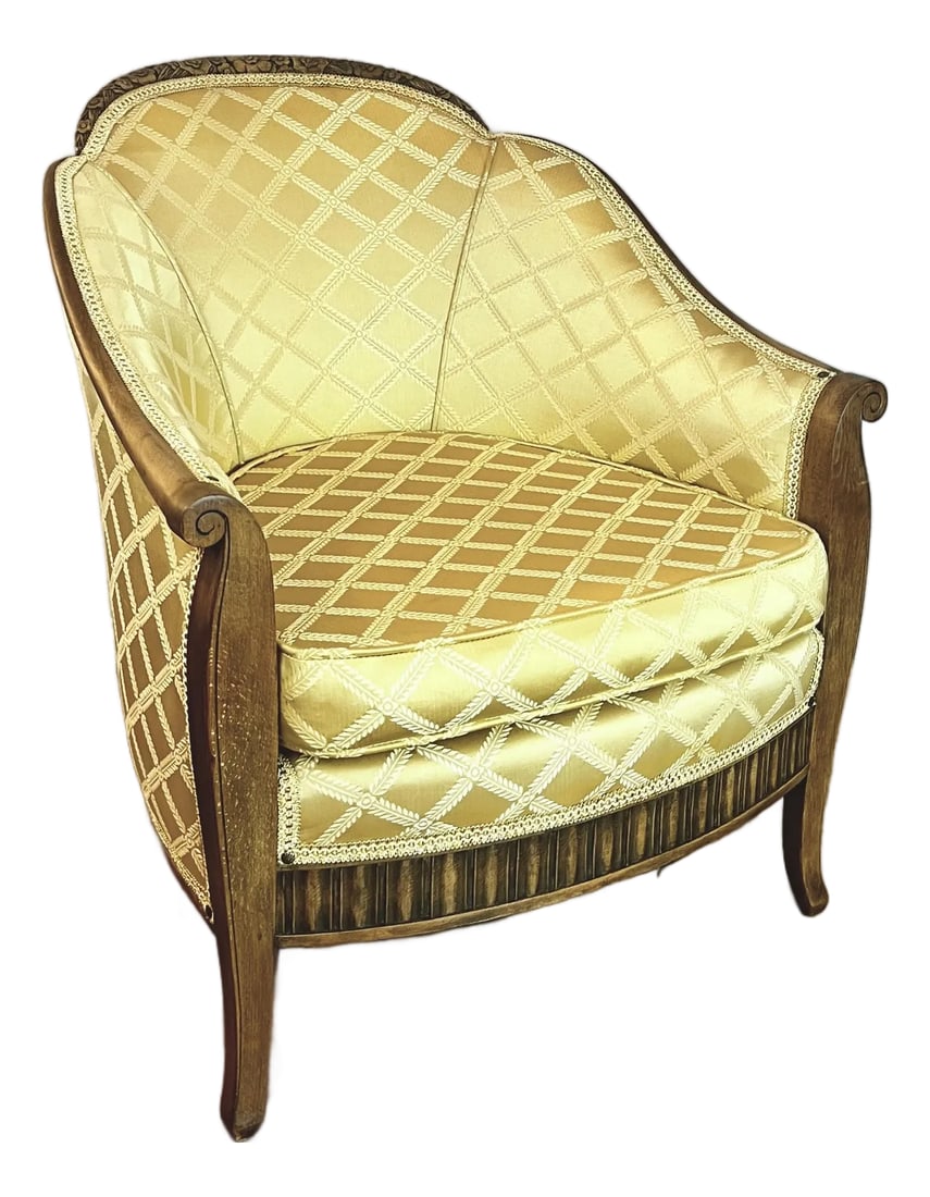Early 20th C. French-Style Tub Chair W/ Hand-Carved Walnut Crest Rail, Yellow Damask (1 of 12)