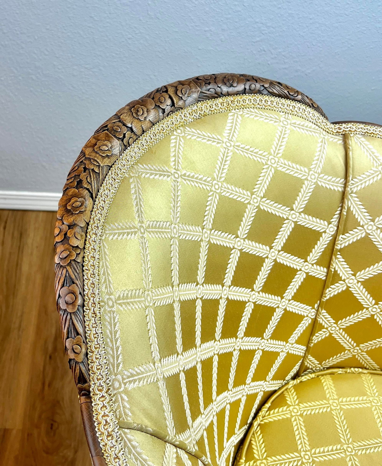 Early 20th C. French-Style Tub Chair W/ Hand-Carved Walnut Crest Rail, Yellow Damask - 2