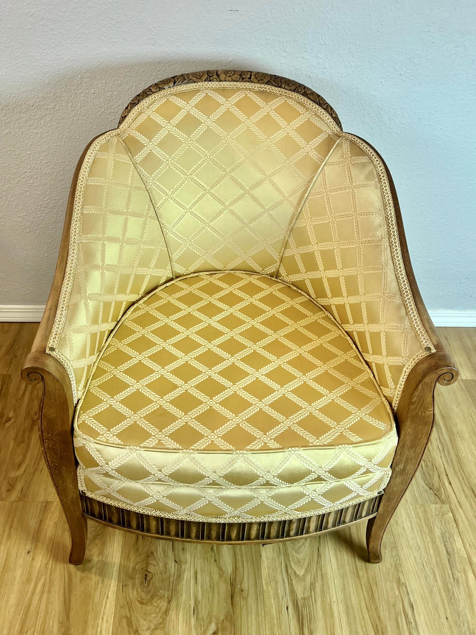 Early 20th C. French-Style Tub Chair W/ Hand-Carved Walnut Crest Rail, Yellow Damask - 3