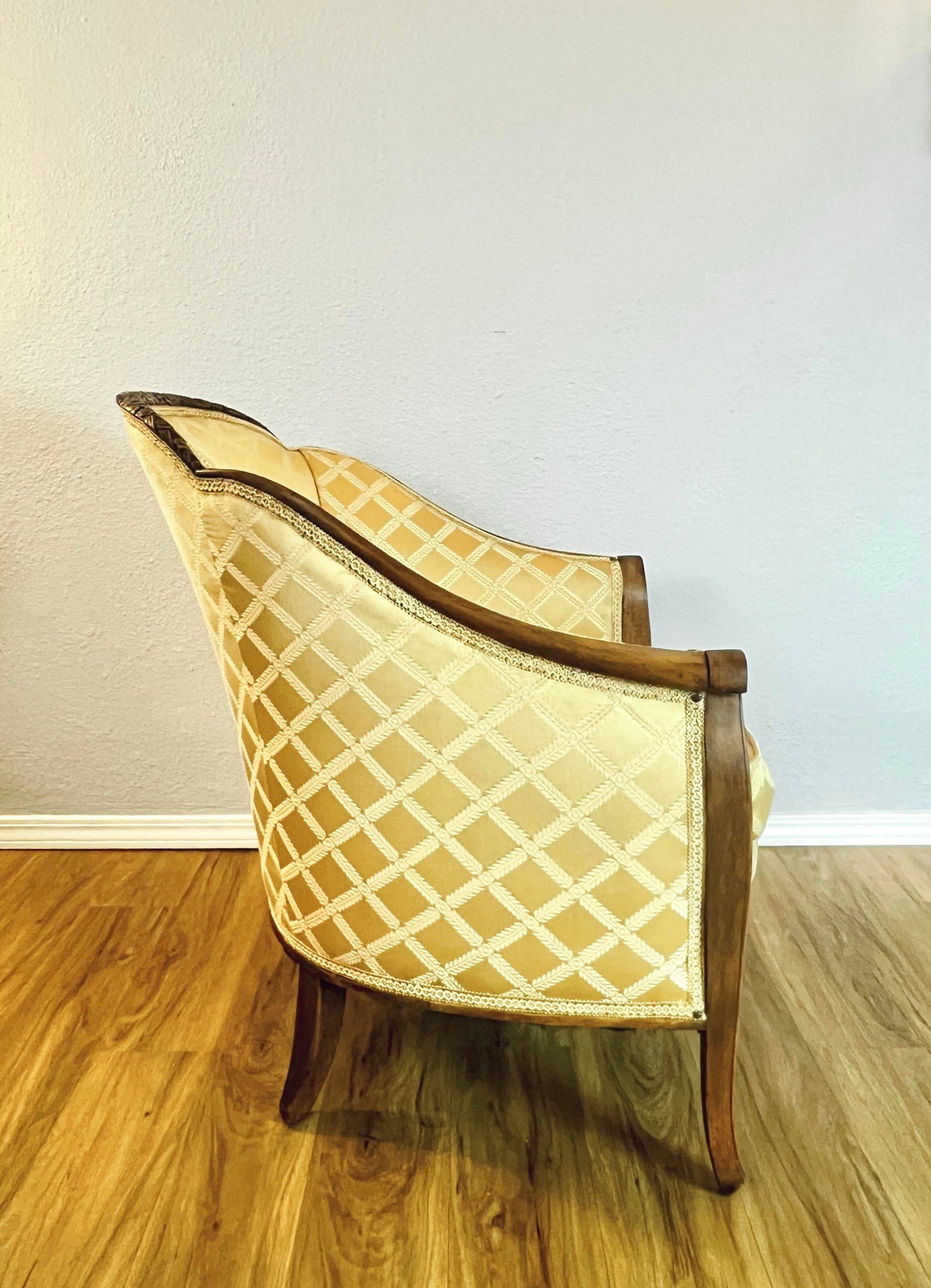 Early 20th C. French-Style Tub Chair W/ Hand-Carved Walnut Crest Rail, Yellow Damask - 4