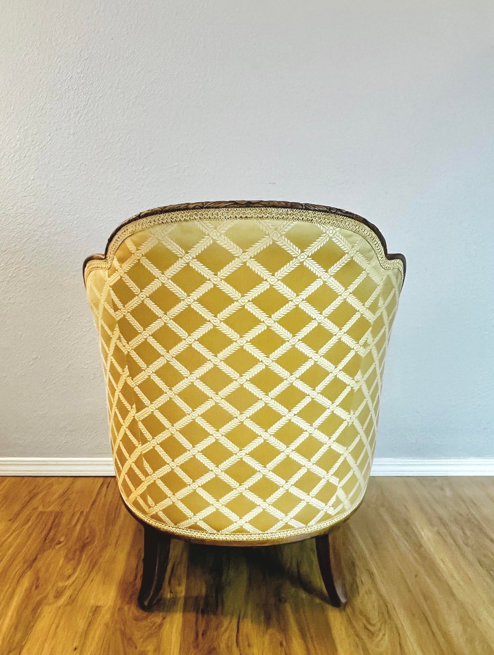 Early 20th C. French-Style Tub Chair W/ Hand-Carved Walnut Crest Rail, Yellow Damask - 5