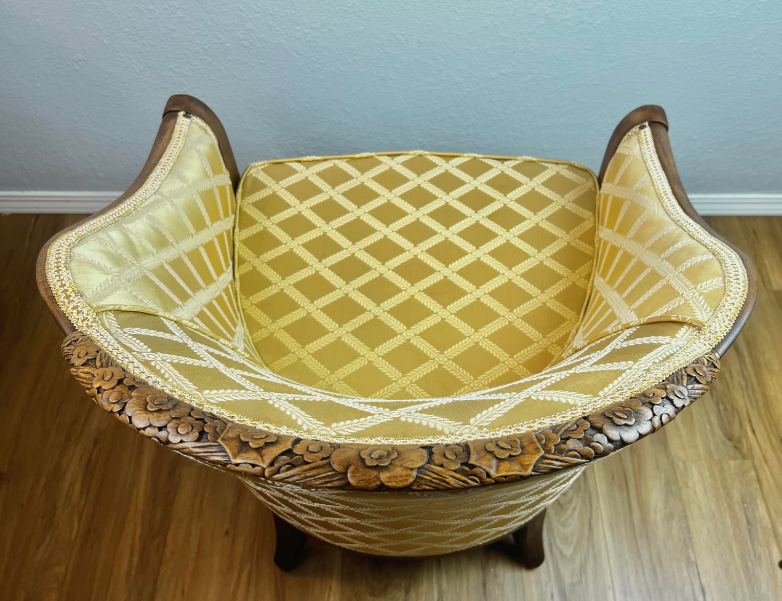 Early 20th C. French-Style Tub Chair W/ Hand-Carved Walnut Crest Rail, Yellow Damask - 6