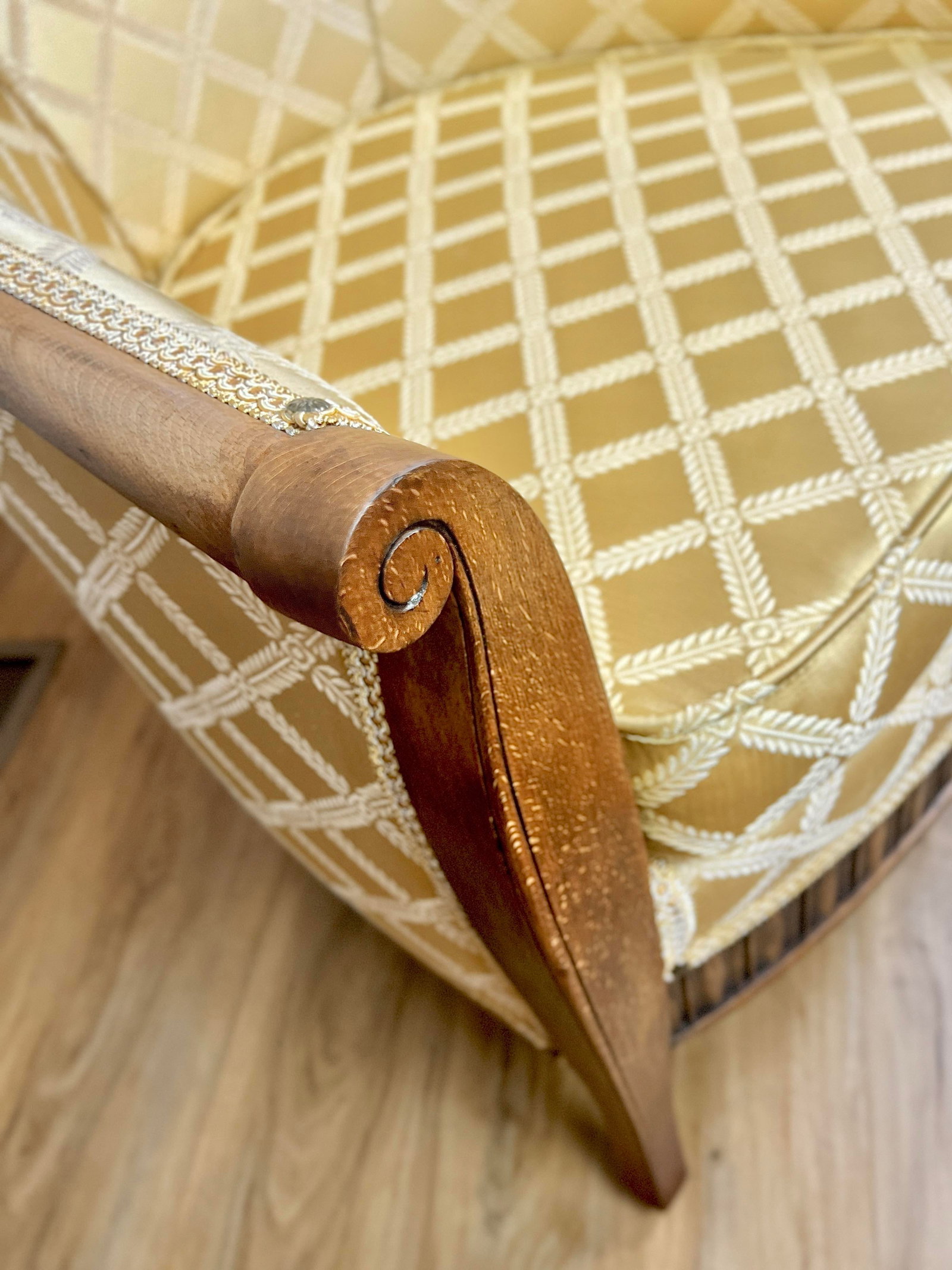Early 20th C. French-Style Tub Chair W/ Hand-Carved Walnut Crest Rail, Yellow Damask - 7