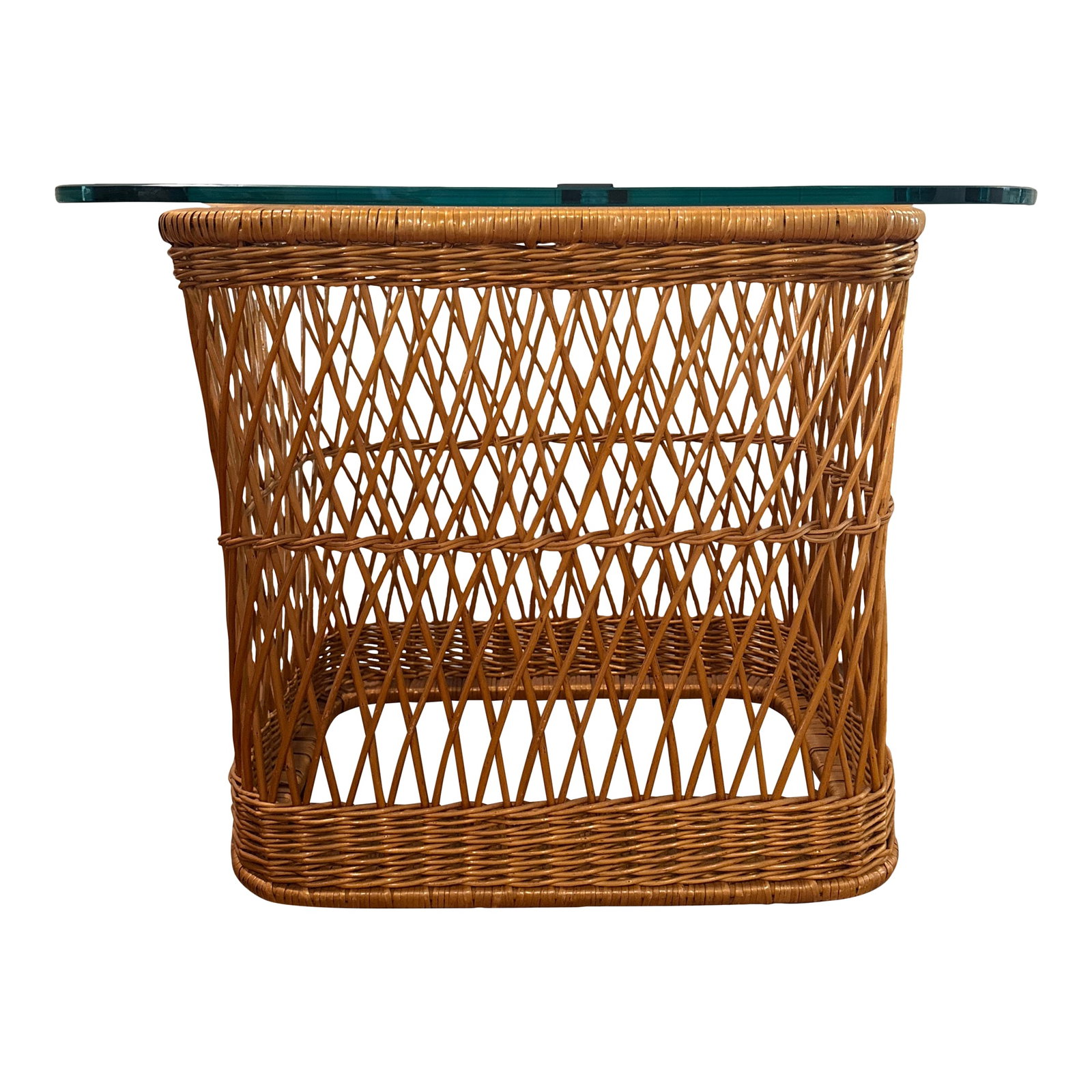 1980s Davis Allen McGuire Glass Top Wicker Table: Davis Allen for McGuire Rattan and Cane Glass Top Side Table. No label. Condition: Alterations: Original Condition Unaltered Imperfections: Some Imperfections Condition Notes: Very nice vintage