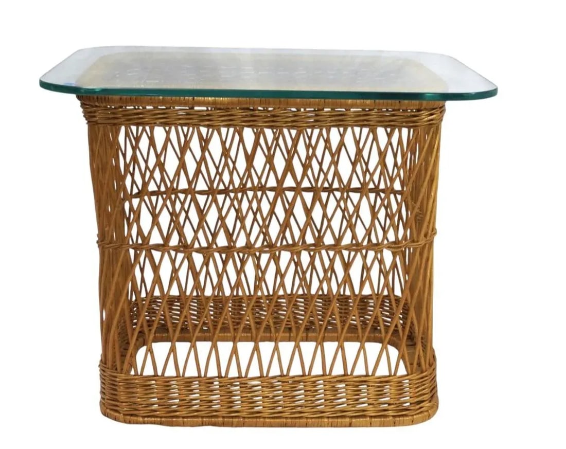 1980s Davis Allen McGuire Glass Top Wicker Table - 2