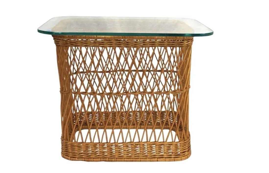 1980s Davis Allen McGuire Glass Top Wicker Table - 3