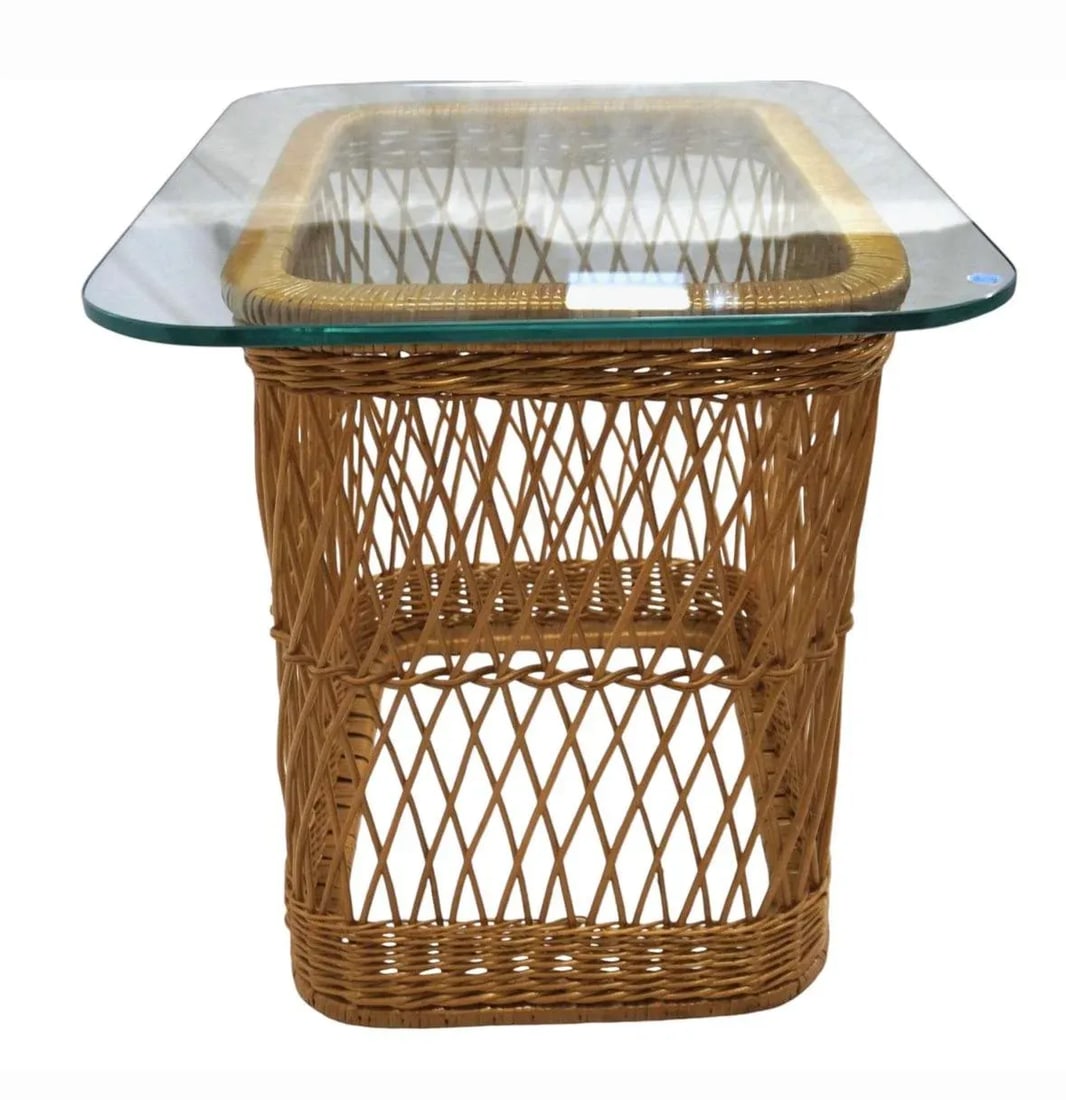 1980s Davis Allen McGuire Glass Top Wicker Table - 4