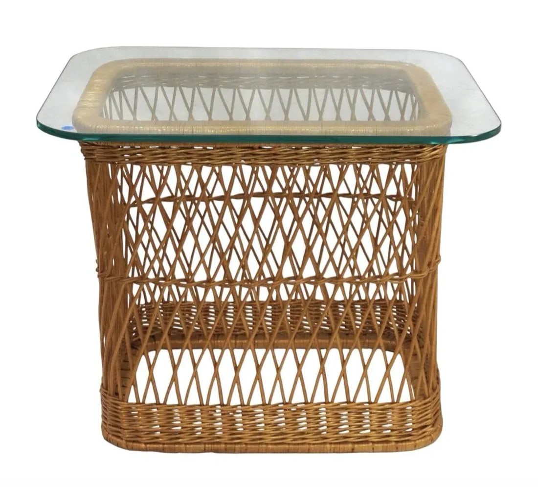 1980s Davis Allen McGuire Glass Top Wicker Table - 5