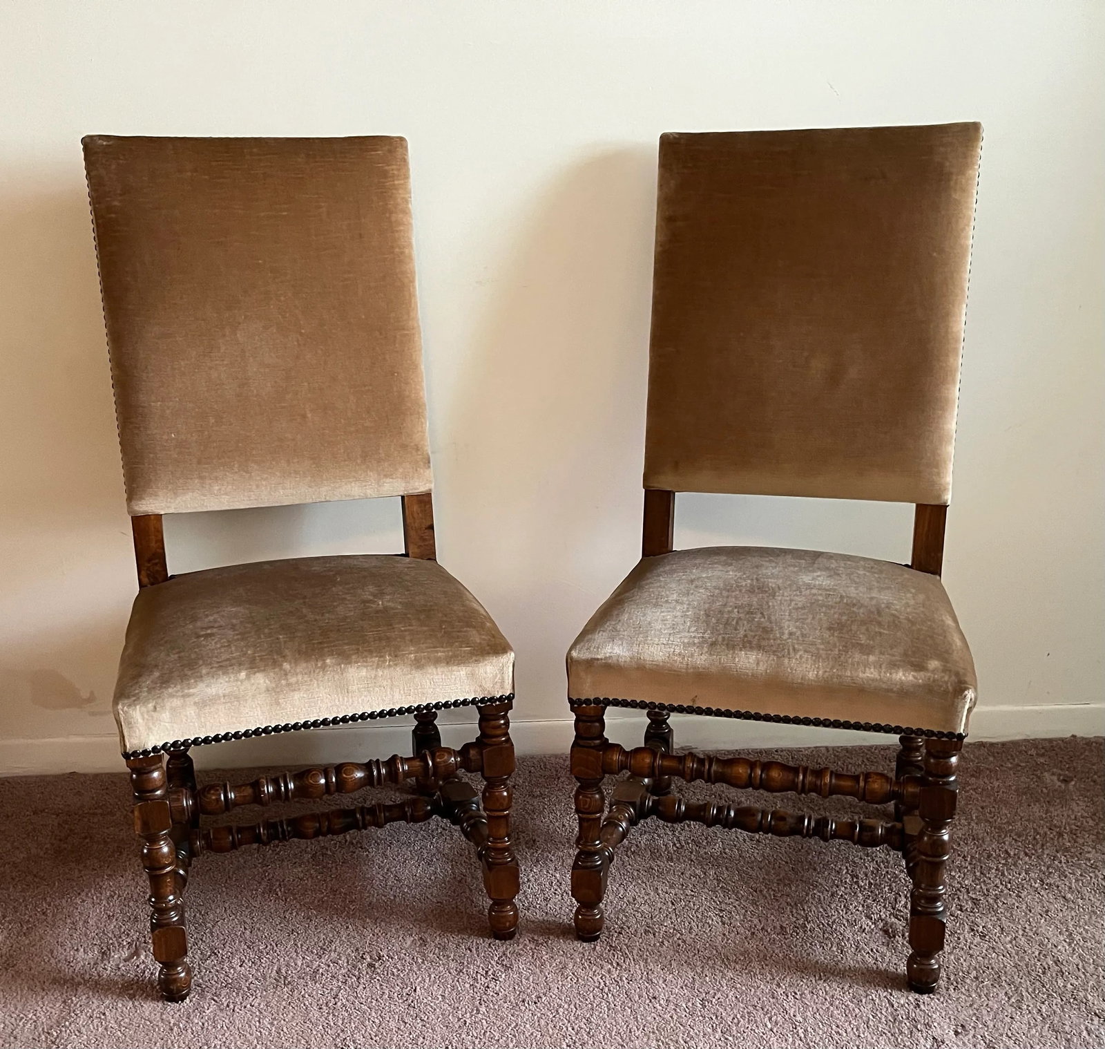 2 Vintage Italian Velvet High-Back Chairs, Baroque Reproductions With Decorative Turned Woodwork - W - 2