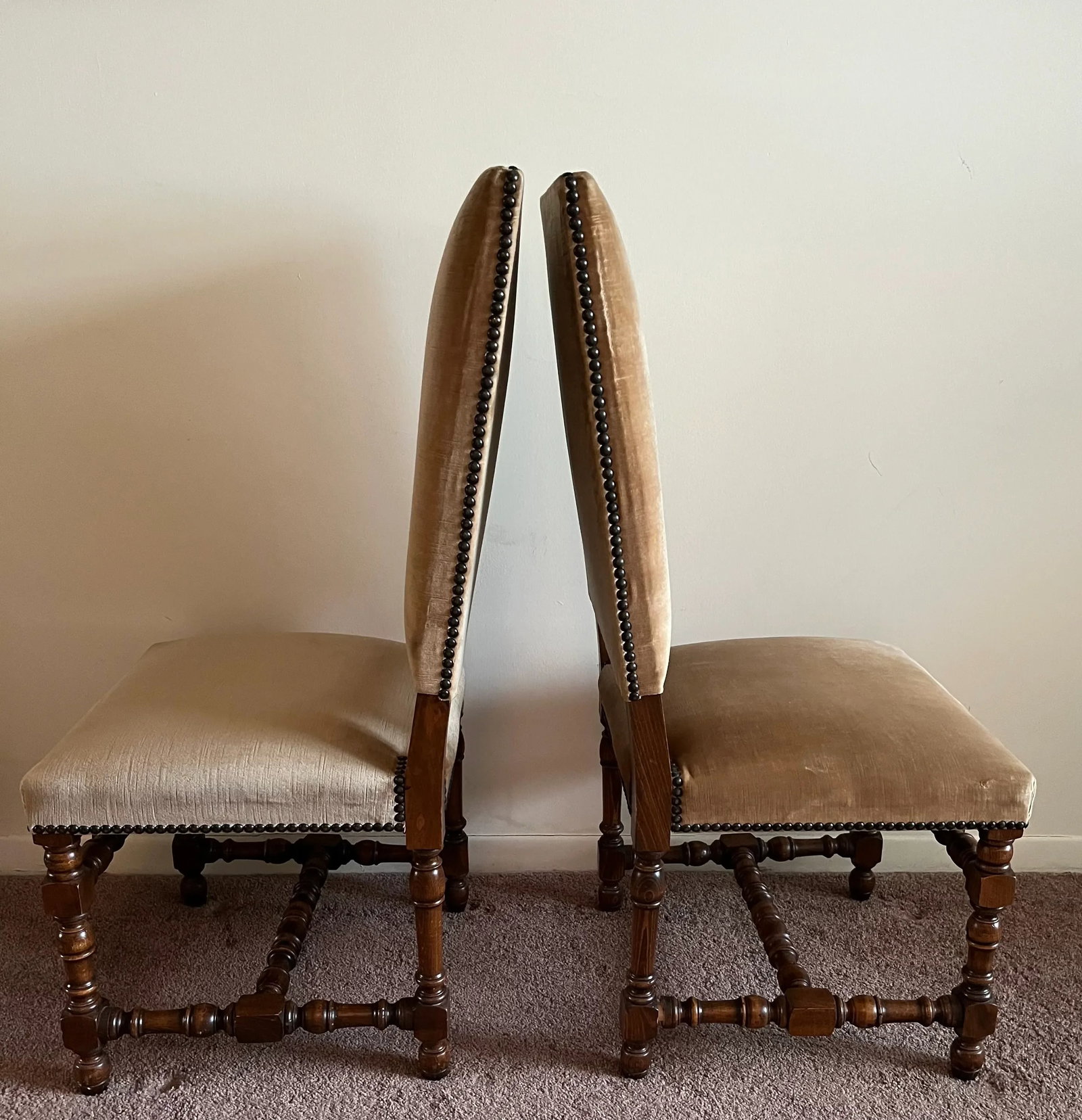 2 Vintage Italian Velvet High-Back Chairs, Baroque Reproductions With Decorative Turned Woodwork - W - 3