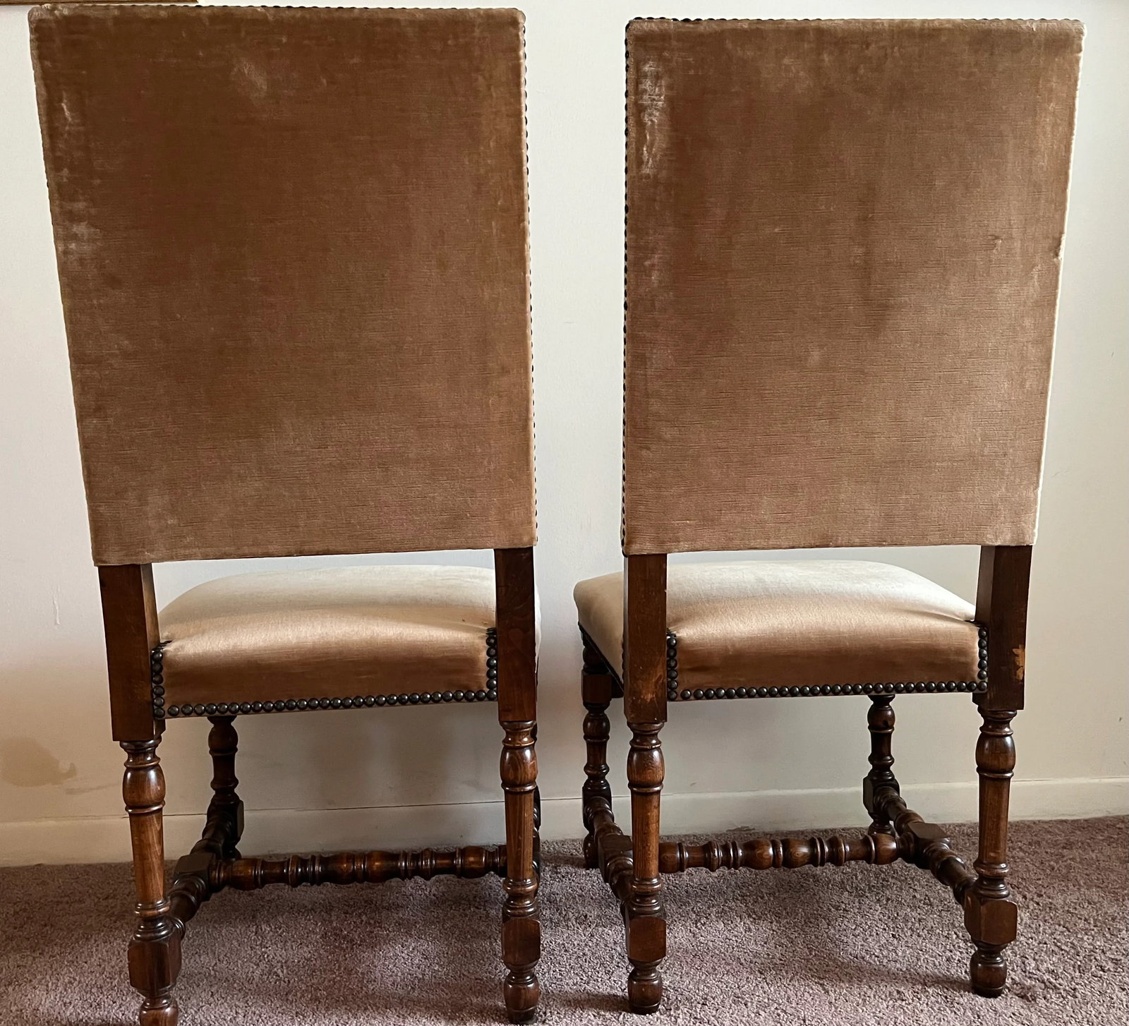 2 Vintage Italian Velvet High-Back Chairs, Baroque Reproductions With Decorative Turned Woodwork - W - 4