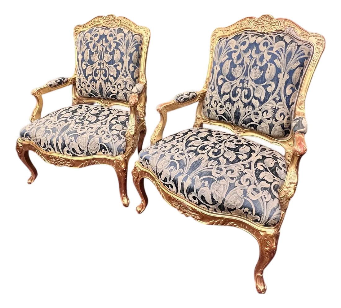 Mid 20th Century Pair of Louis XV Style Giltwood Fauteuil Chairs (1 of 17)