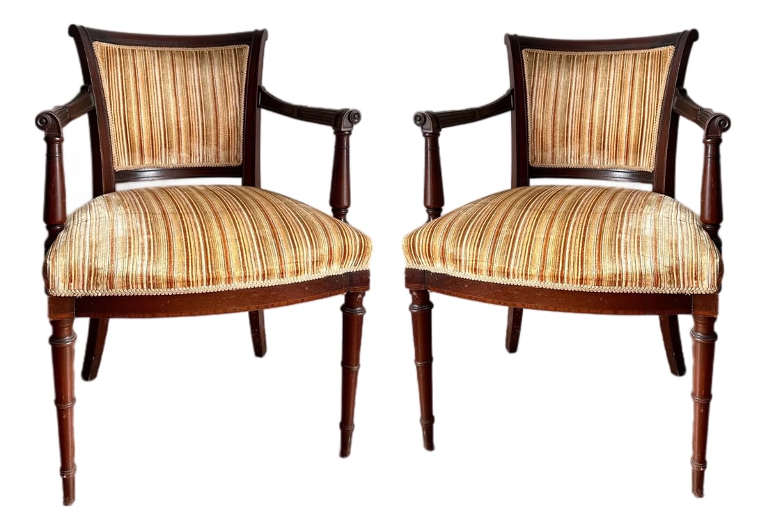 Empire Style Vintage Armchairs with Velvet Upholstery- Set of 2: Circa 1930-50's Pair Empire style armchairs upholstered in striped velvet Condition: Alterations: Original Condition Unaltered Imperfections: Some Imperfections Condition Notes: In good condition