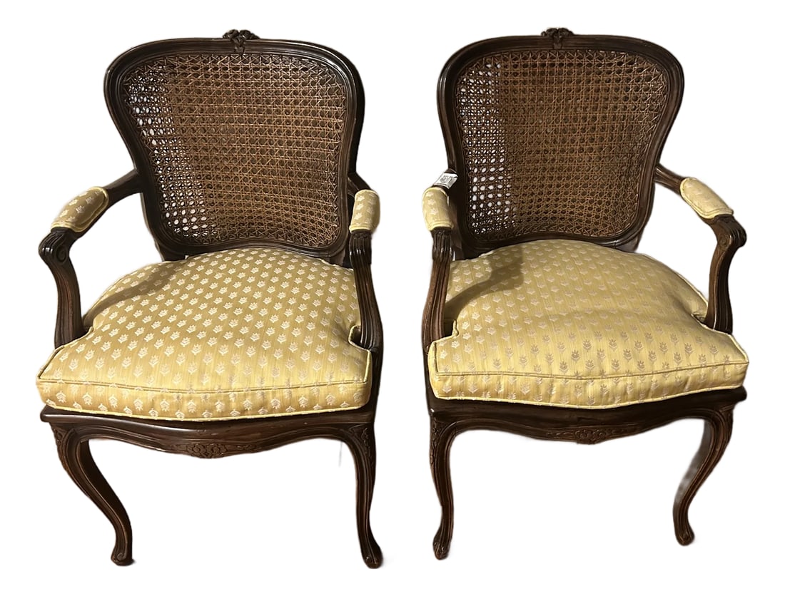 Vintage Ethan Allen Italian-Made Cane Back and Seat Armchair Pair (Ref 48864) - Made in Italy, Carve: A matched pair of vintage Ethan Allen armchairs, model Ref 48864, stamped "Made in Italy". These chairs feature a hand-carved hardwood frame in warm walnut/fruitwood tone, double-cane back and seat