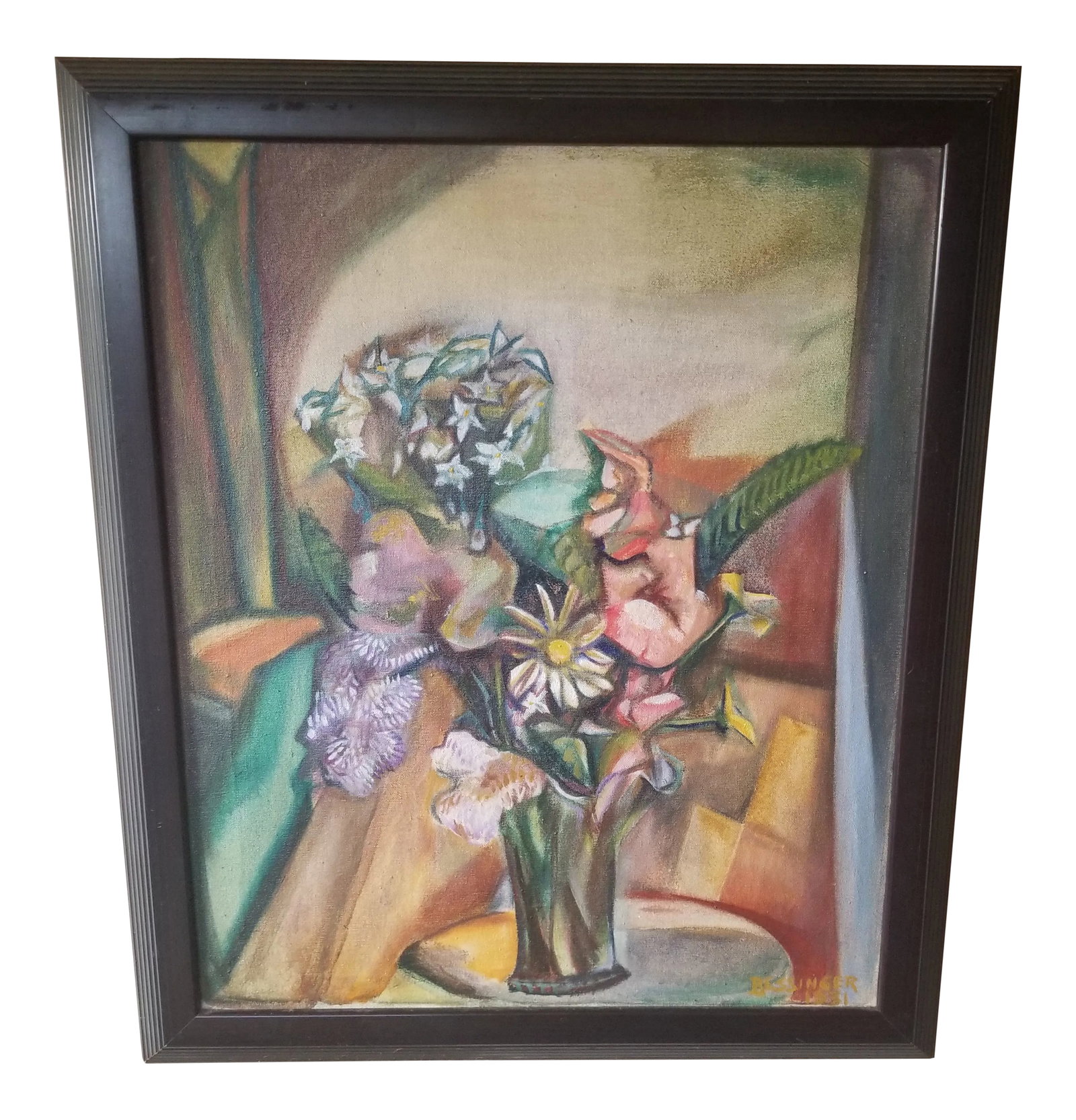 1931 Floral Still Life Oil Painting by Frederic Herbert Bessinger, Framed: Frederic Herbert Bessinger (1886-1971) Very nice condition. Contemporary frame Framed dimensions - 23.5 w X 27.5 h Condition: Alterations: Unknown Imperfections: Some Imperfections Condition Notes:
