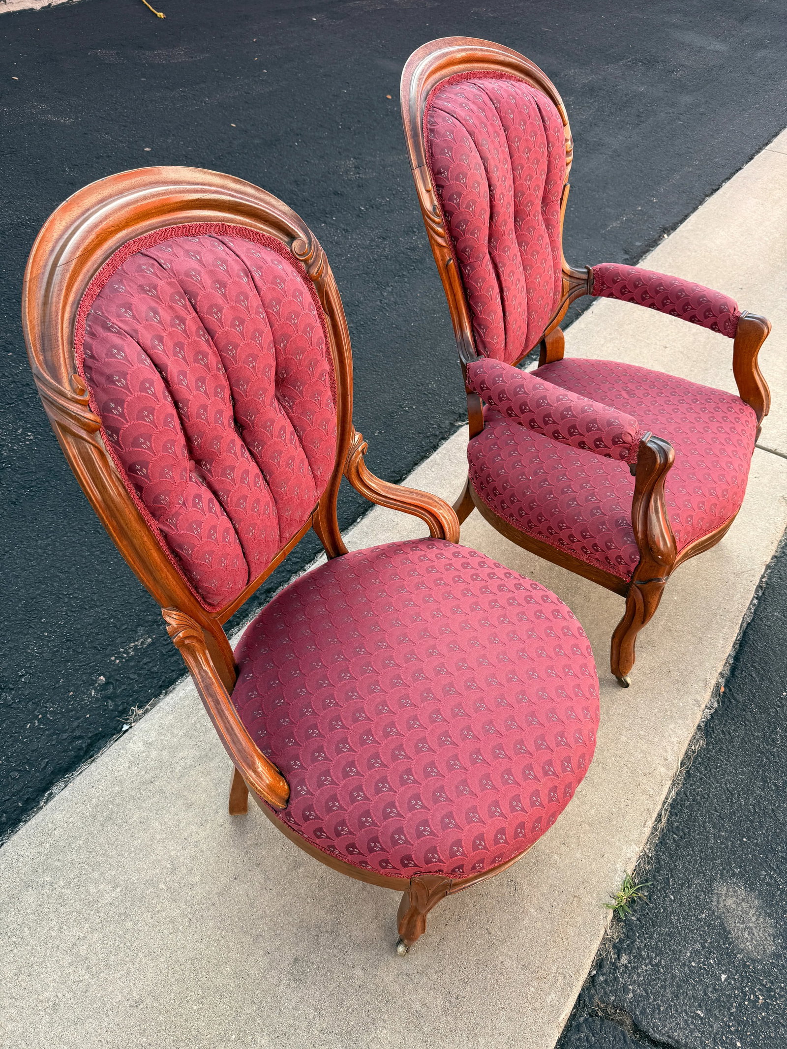 Pair of His/Hers Early 1900s Carved Wood Victorian Parlor Chairs - 12