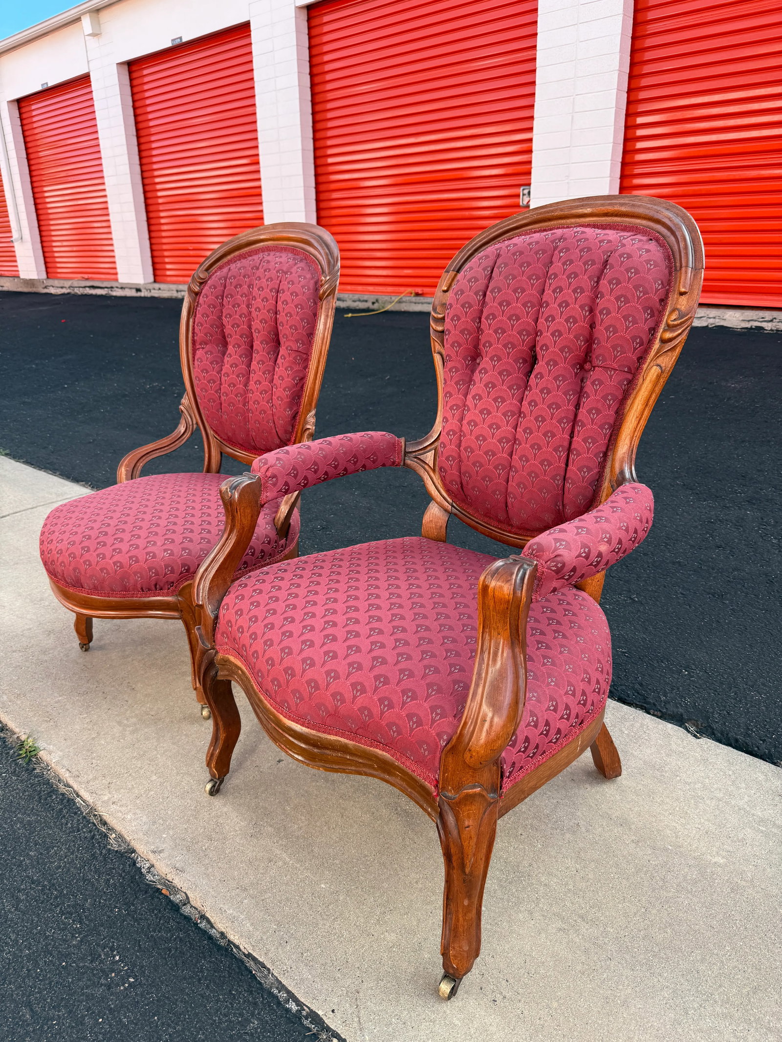 Pair of His/Hers Early 1900s Carved Wood Victorian Parlor Chairs - 5