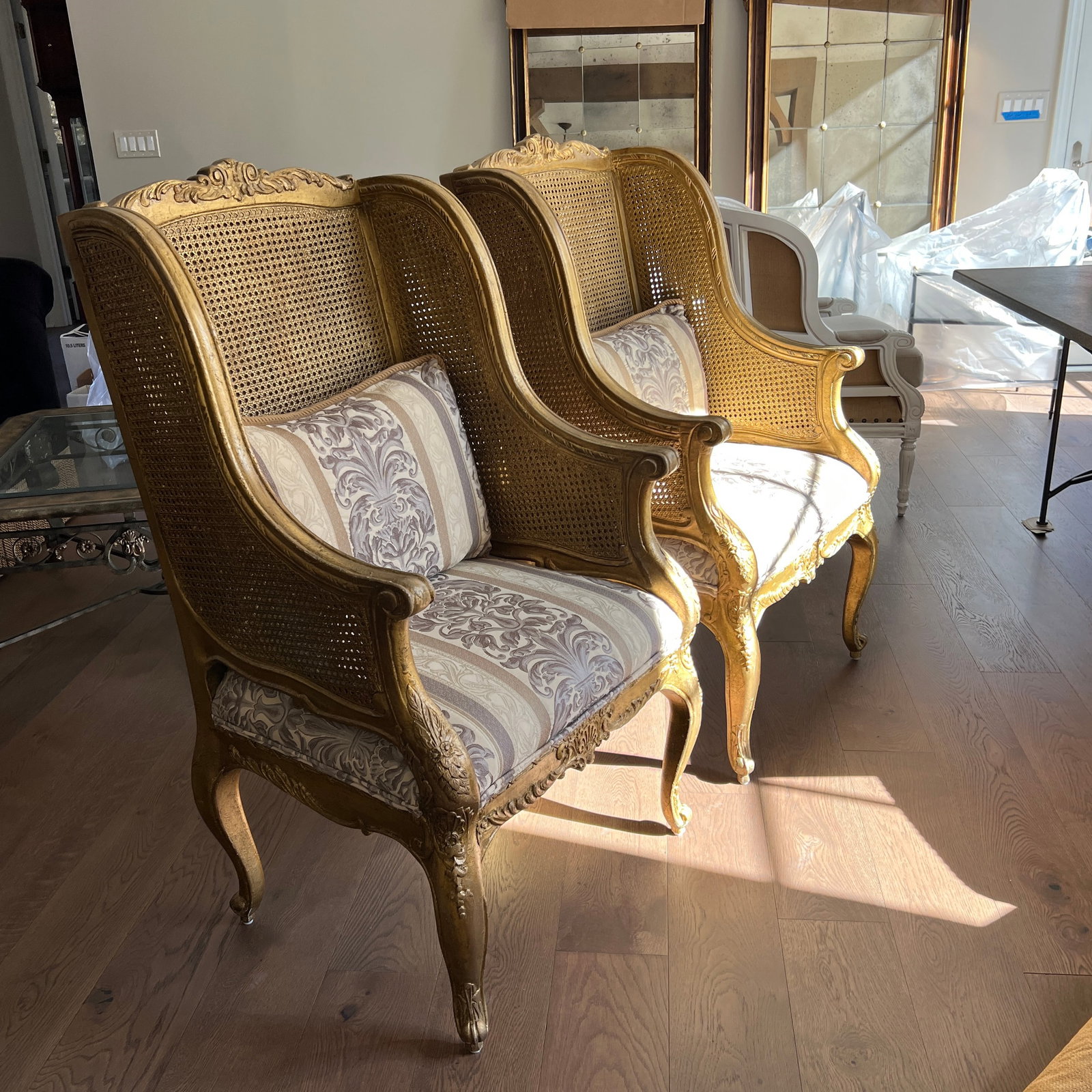 Mid 20th Century Henredon Schoonbeck Collection Gilt Cane Upholstered Bergeres - 2