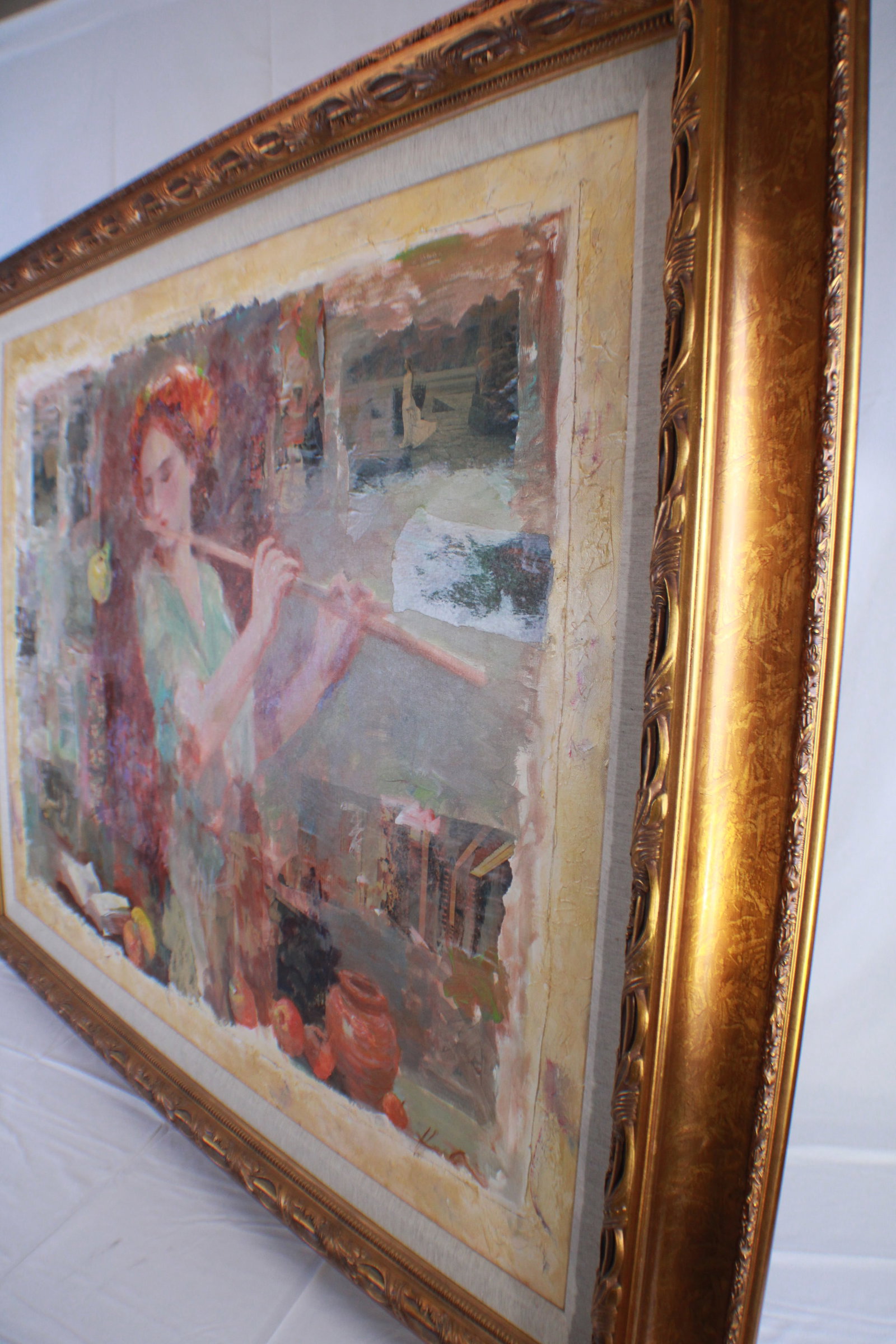 "Soft Melody" Woman Playing Flute Mixed Media Oil Painting Signed Hua Chen - 14