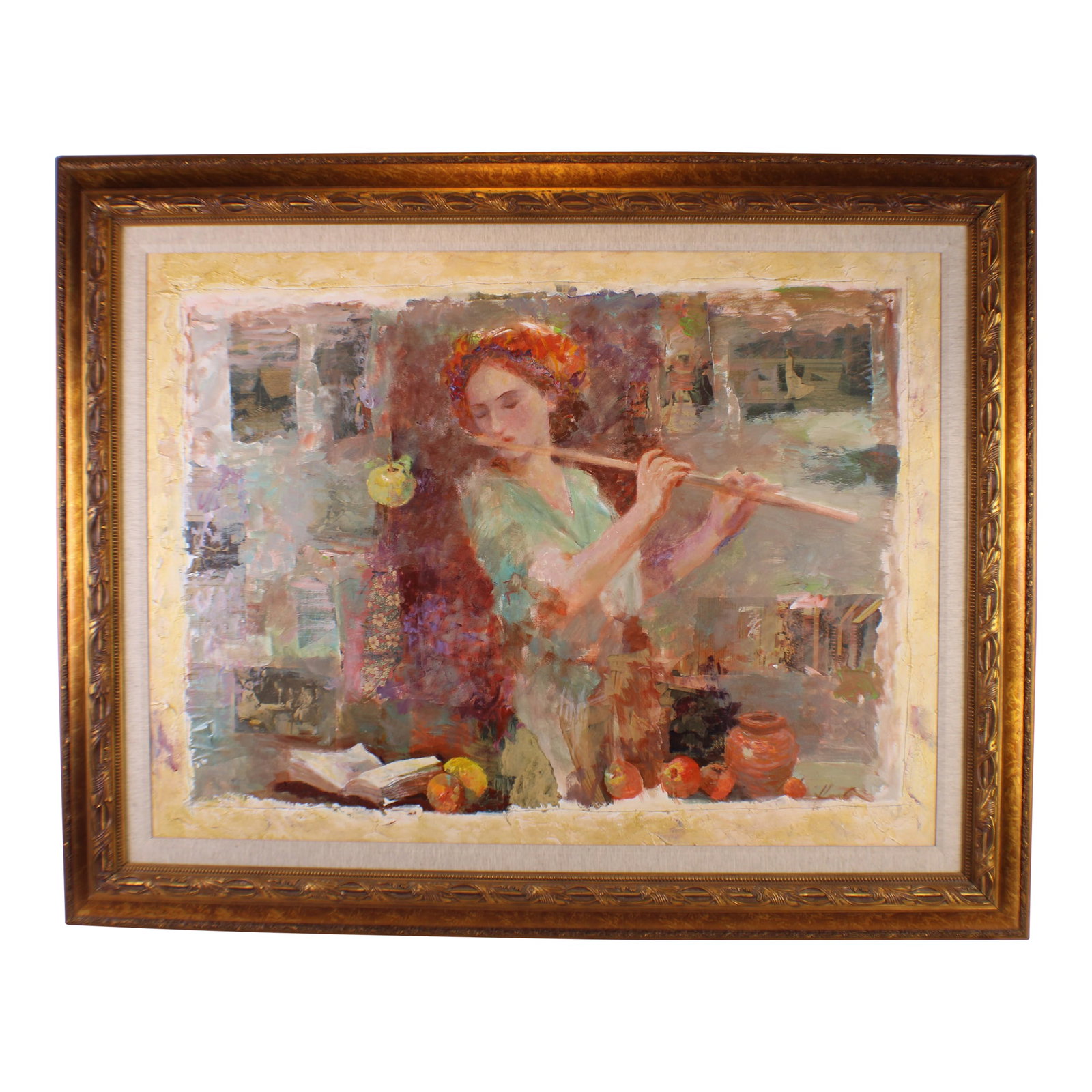 "Soft Melody" Woman Playing Flute Mixed Media Oil Painting Signed Hua Chen: Soft Melody" is an original oil painting by the acclaimed Chinese-American artist Hua Chen (b. 1952), known for his ethereal and post-Impressionist style depictions of female figures and musical