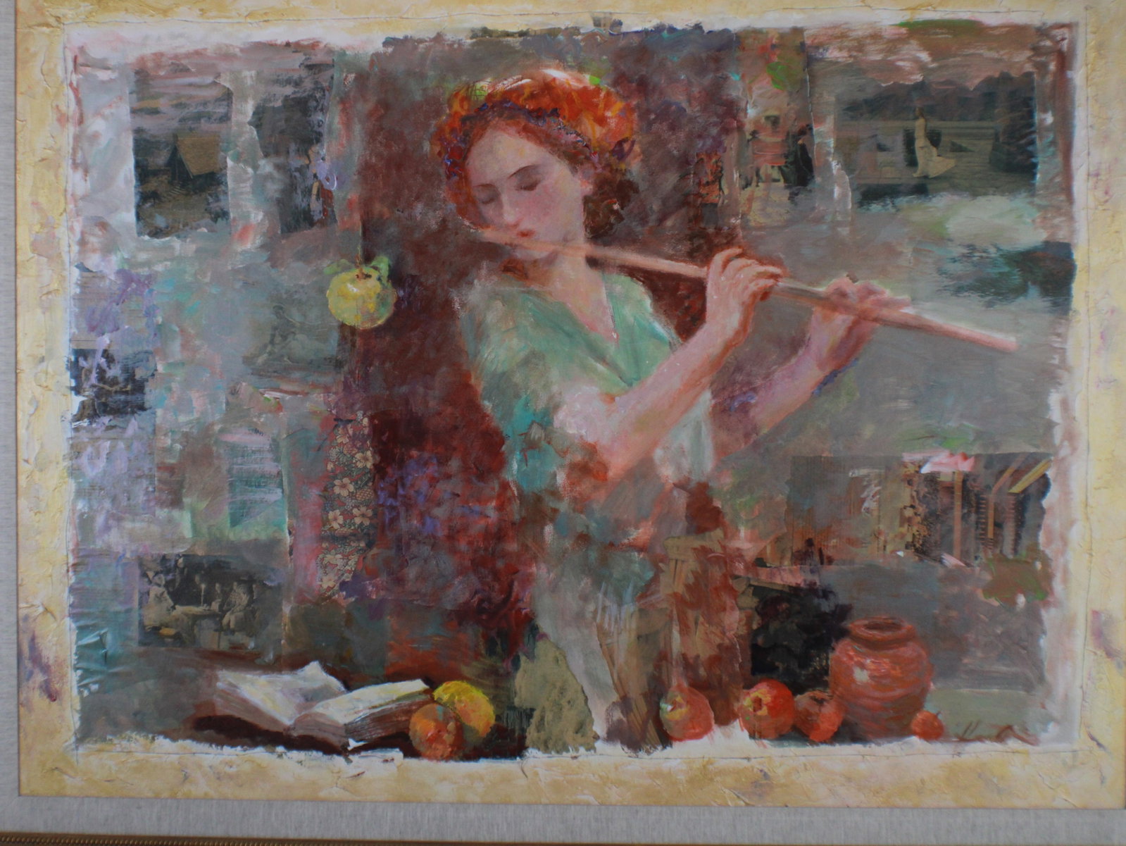 "Soft Melody" Woman Playing Flute Mixed Media Oil Painting Signed Hua Chen - 2