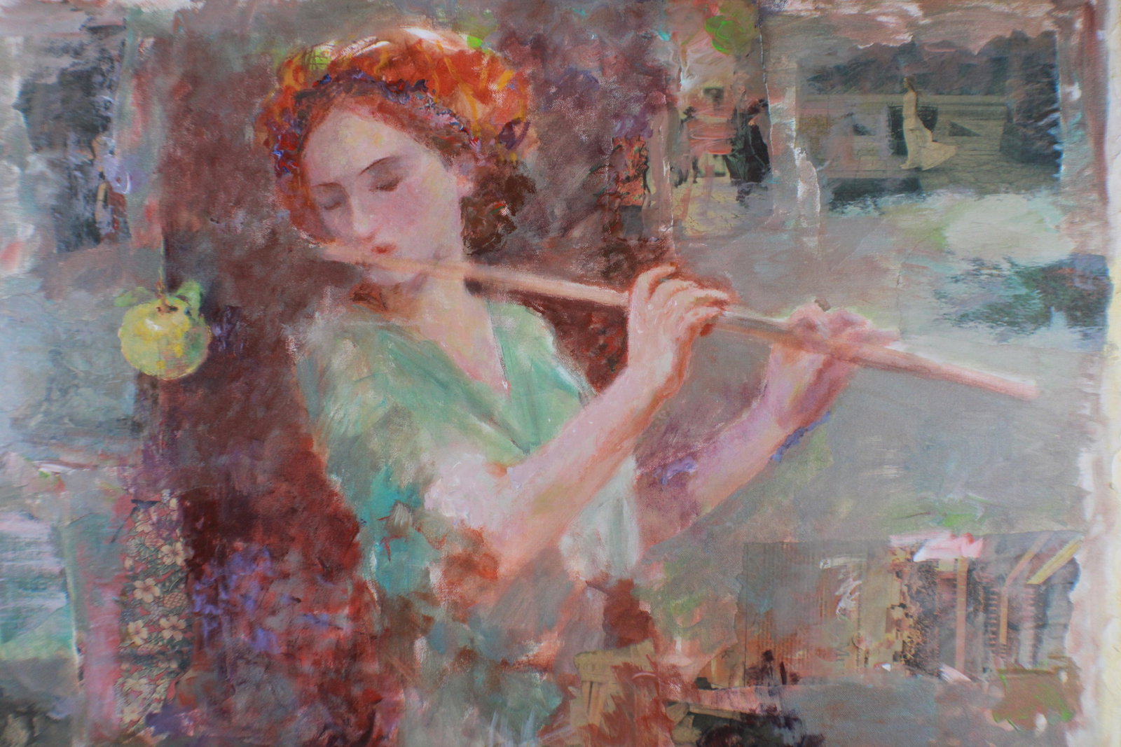 "Soft Melody" Woman Playing Flute Mixed Media Oil Painting Signed Hua Chen - 3