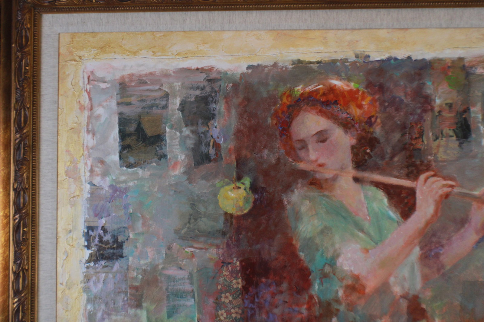 "Soft Melody" Woman Playing Flute Mixed Media Oil Painting Signed Hua Chen - 8