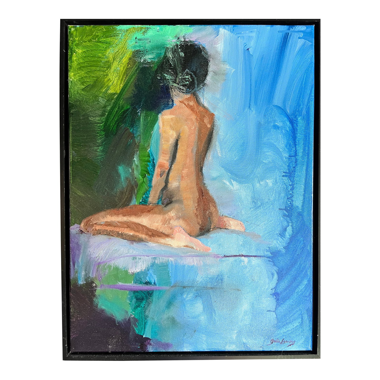 Rhapsody in Blue, Original Contemporary Figure Painting by Julia Lawing: Contemporary abstracted black female, nude, back view. Painted from live model. Mixed media, oil and acrylic. One-of-a-kind original oil painting on 24 x 18-inch canvas. Sides painted gray. Ready to f
