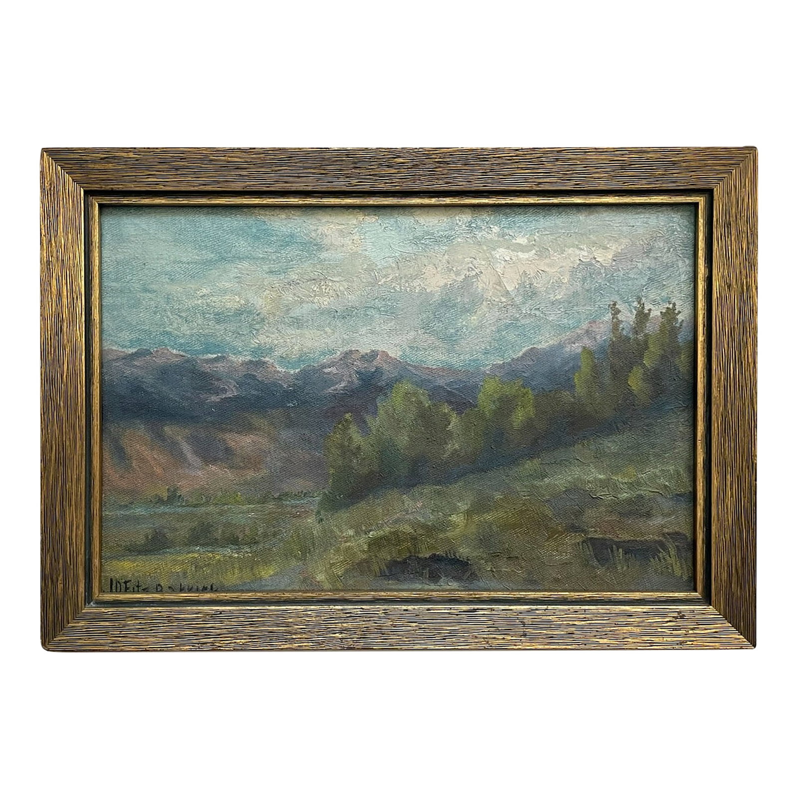 Jd Fitzpatrick Landscape Painting Oil on Panel Original Frame: This painting is signed by JD Fitzpatrick depict landscape oil on panel with original gilt wood frame. Horizontal design, showcasing green tree, and beauty of nature. The condition is excellent, with